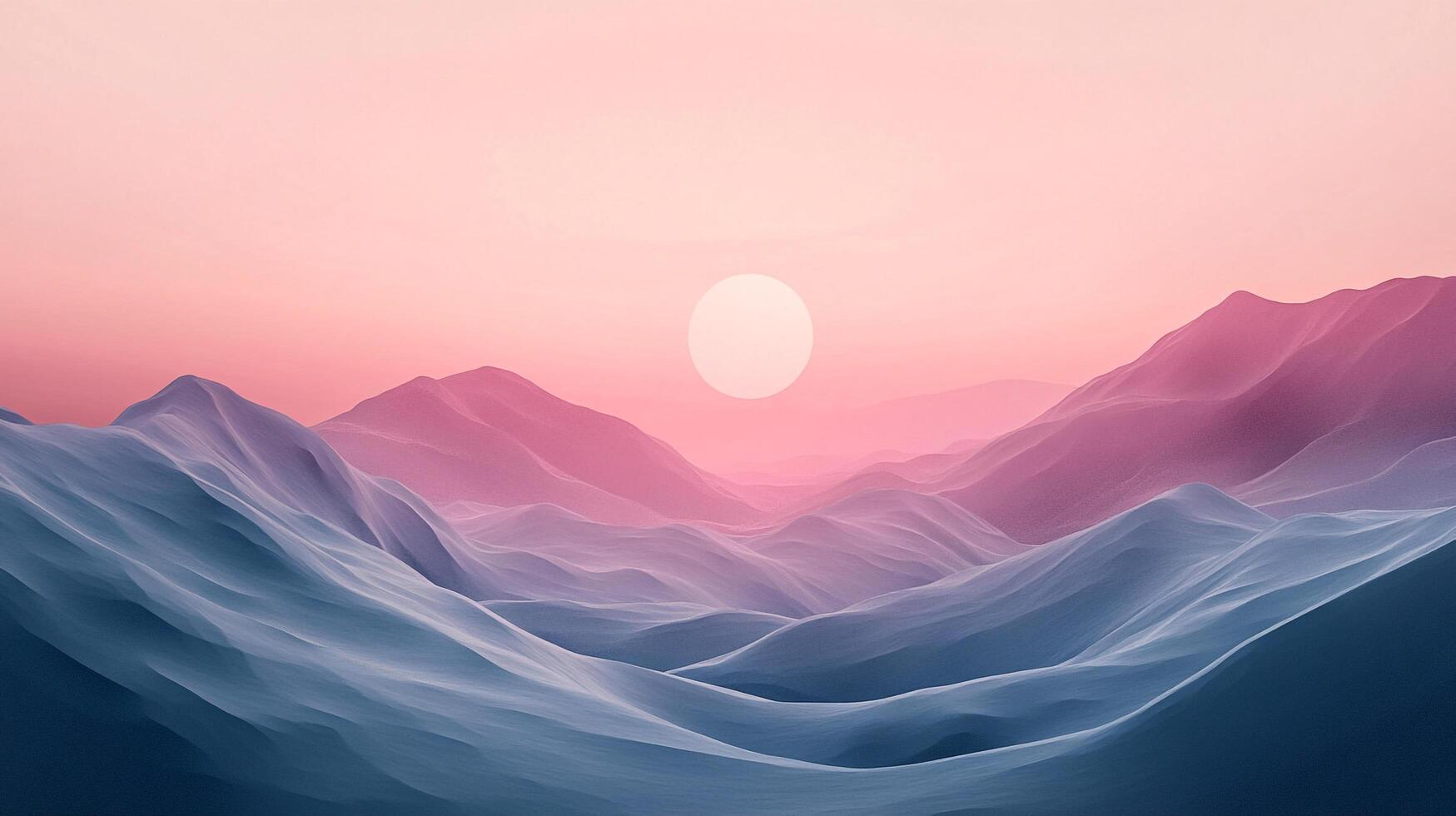 Tranquil mountain landscape under a soft, pastel sky with a gentle sun evokes serenity and peace. The pastel shades create a calming mood. photo