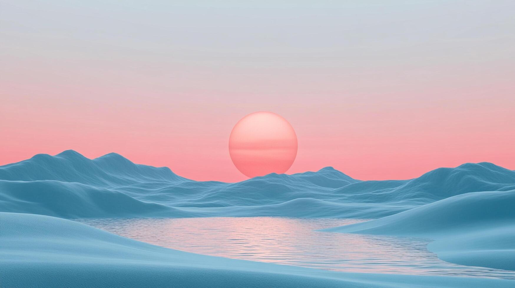 Dreamscape vista featuring pastel hills and serene water under a soft sunset, evoking tranquility and artistic imagination in a minimalist setting. photo
