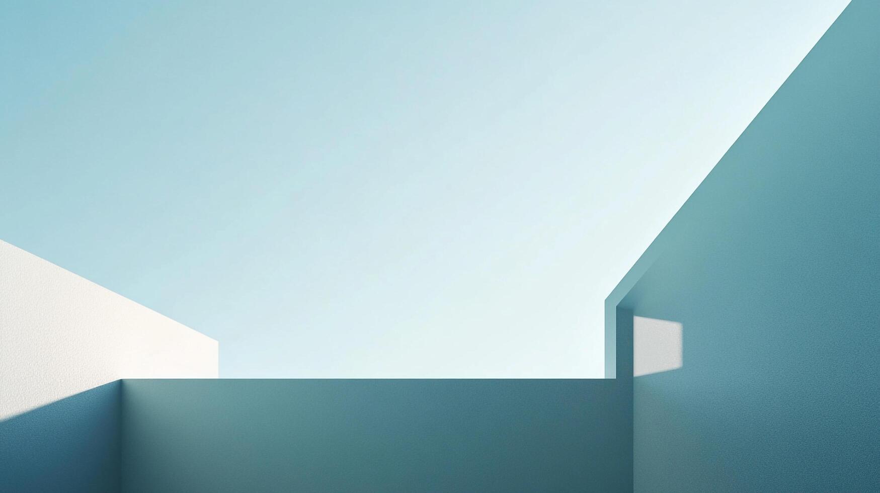 Minimalist architecture showcases converging geometric shapes in soft blues and whites, under a bright, serene sky. Modern design shines. photo