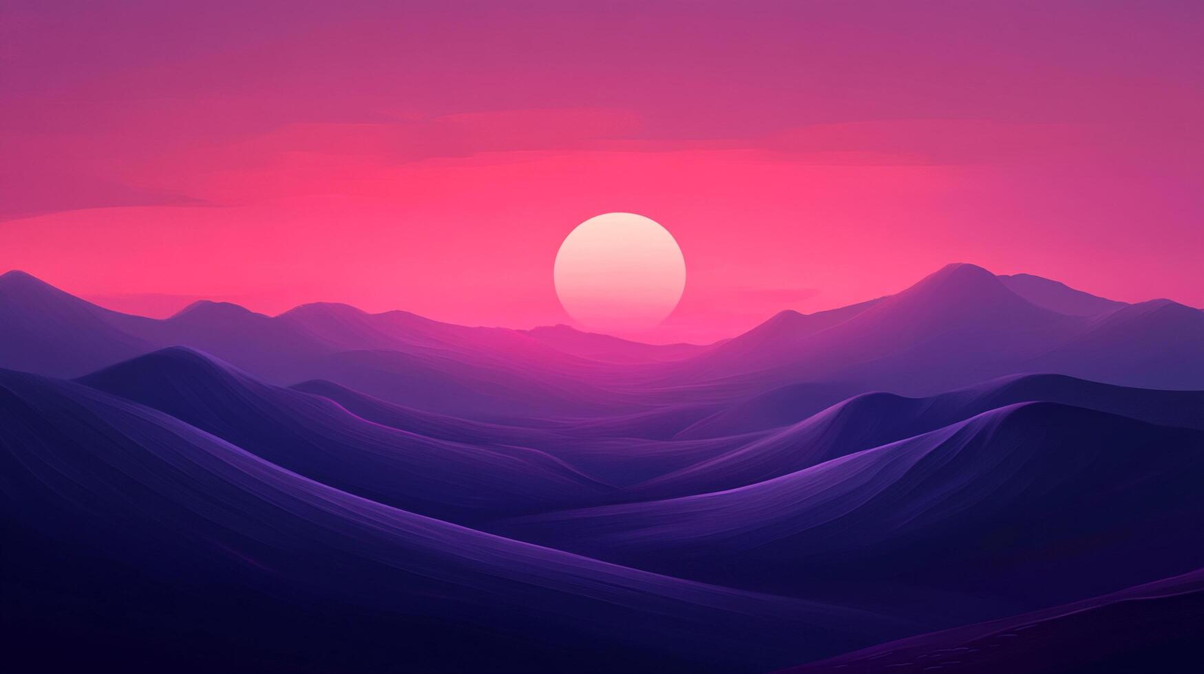 Purple-hued mountains meet a vibrant pink sky as the sun sets, creating a peaceful yet surreal desert landscape with an eye-catching horizon photo