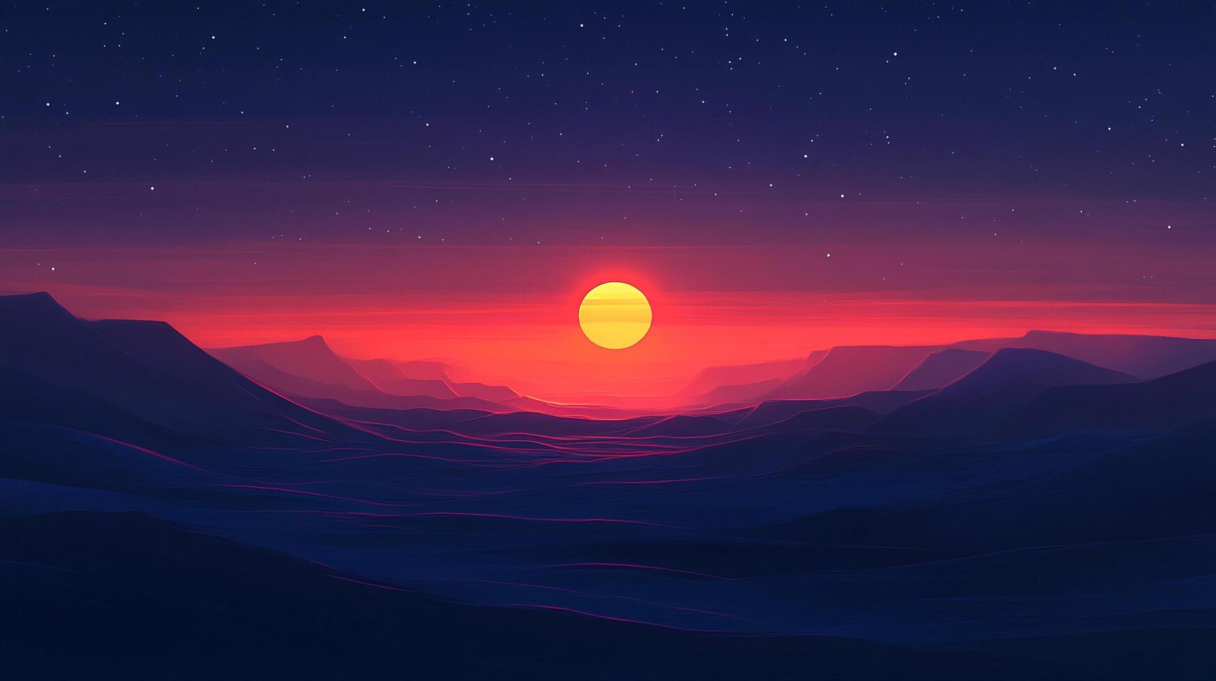 A stylized digital rendering depicts a yellow sun setting behind distant purple mountains beneath a starry sky, creating a serene landscape. photo