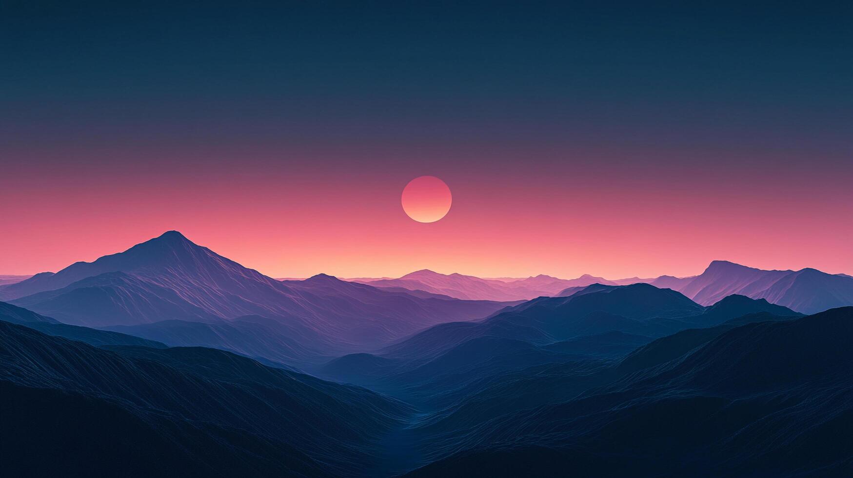 Serene mountain range panorama under a gradient pink and blue sky with a setting sun, creating a peaceful, scenic view. photo