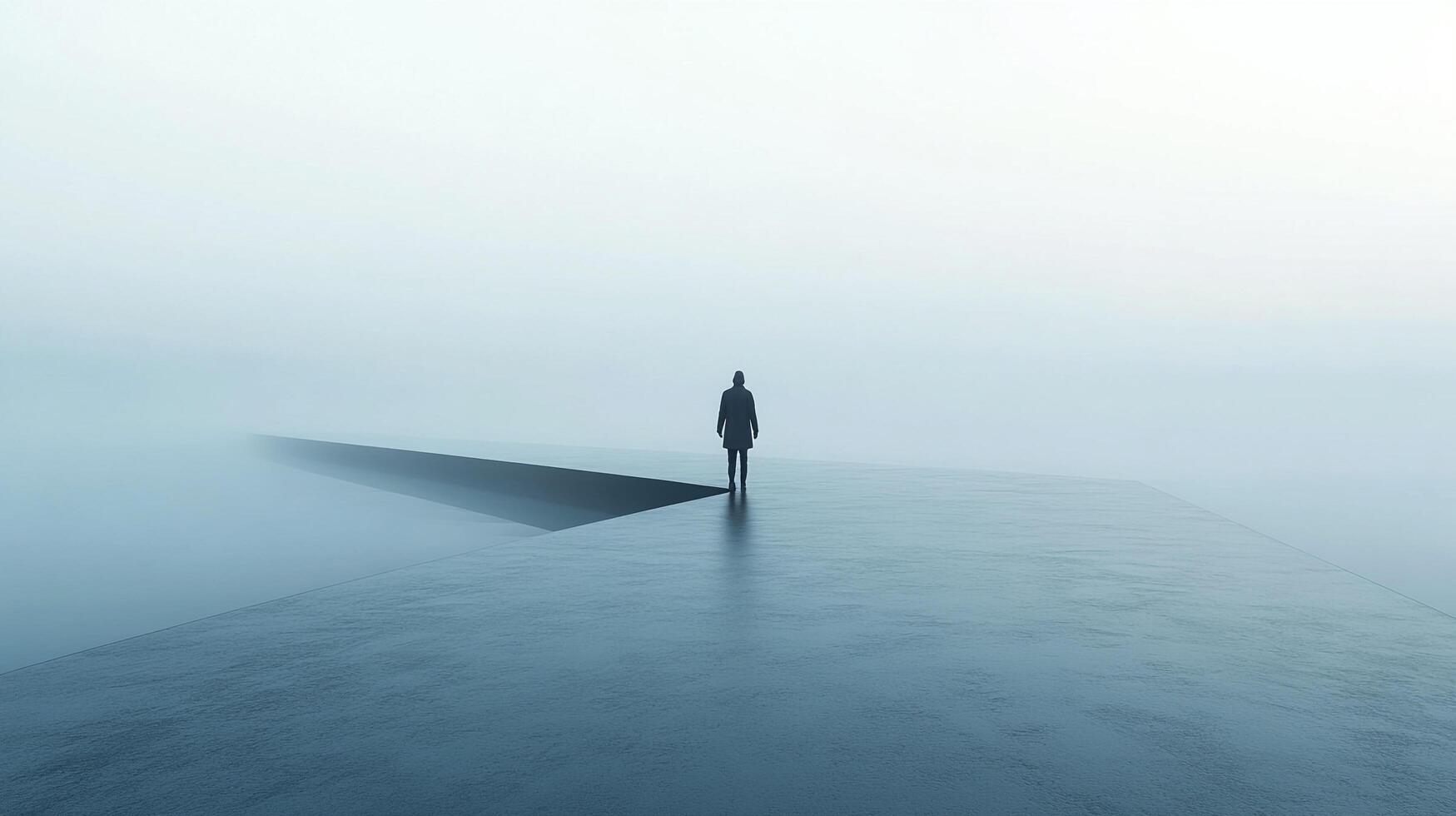 A lone figure stands on the edge of a platform amidst a dense fog, creating a surreal and contemplative atmosphere. photo