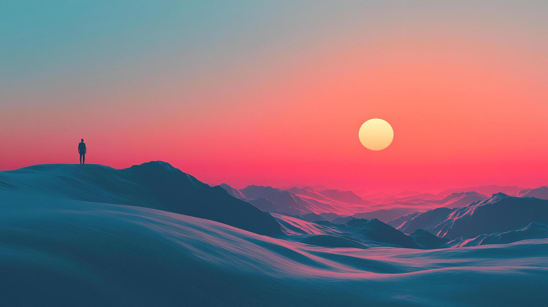 A solitary figure gazes upon a vivid sunset over a serene mountain range, evoking feelings of wonder, peace, and inspiration. photo
