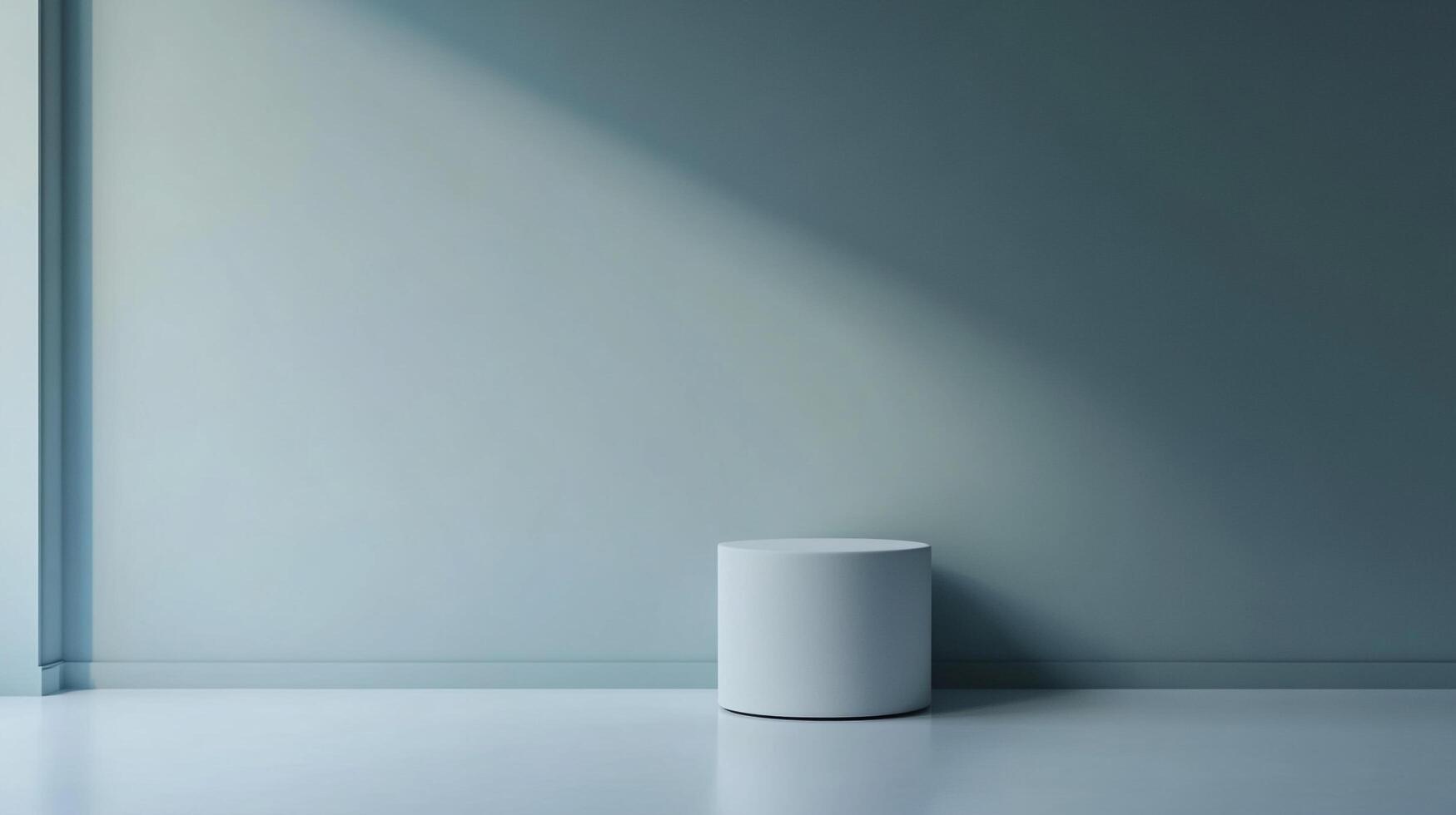 Minimalist studio with smooth cylindrical podium casting shadows against a pale blue backdrop, ideal for showcasing products or artwork. photo