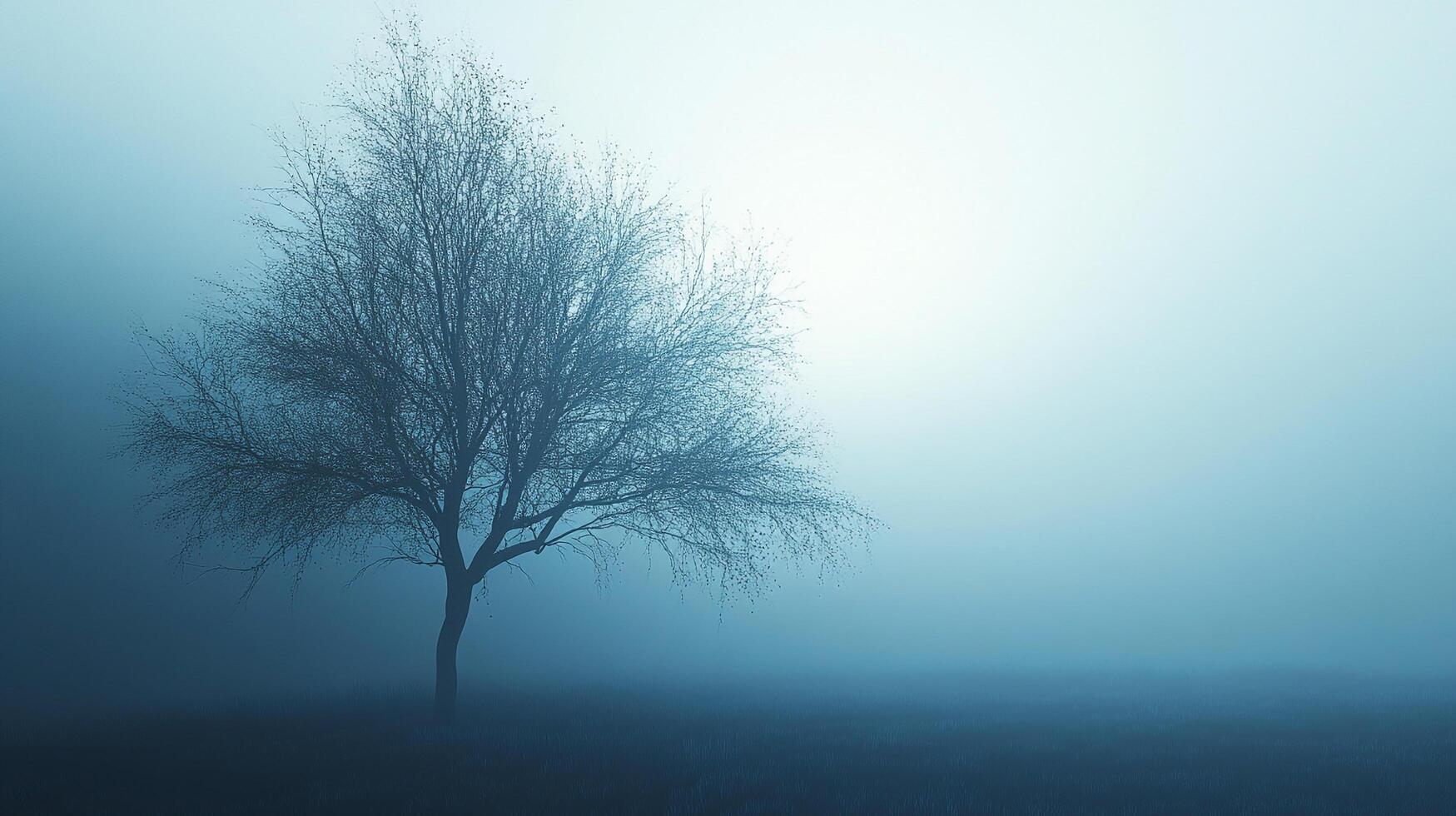An eerie scene captures a solitary, bare tree emerging from a dense fog, creating a mysterious and ethereal atmosphere. photo