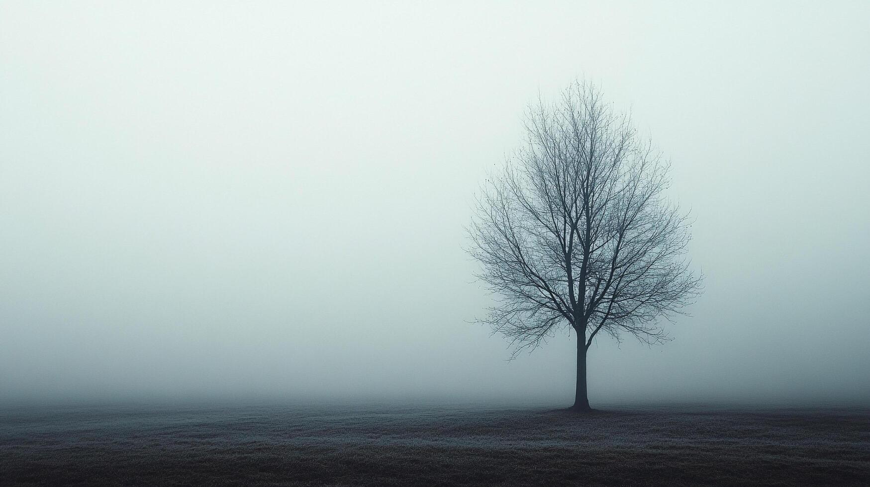 Solitary tree standing in a misty field, creating a serene and atmospheric landscape with a monochromatic color palette. photo