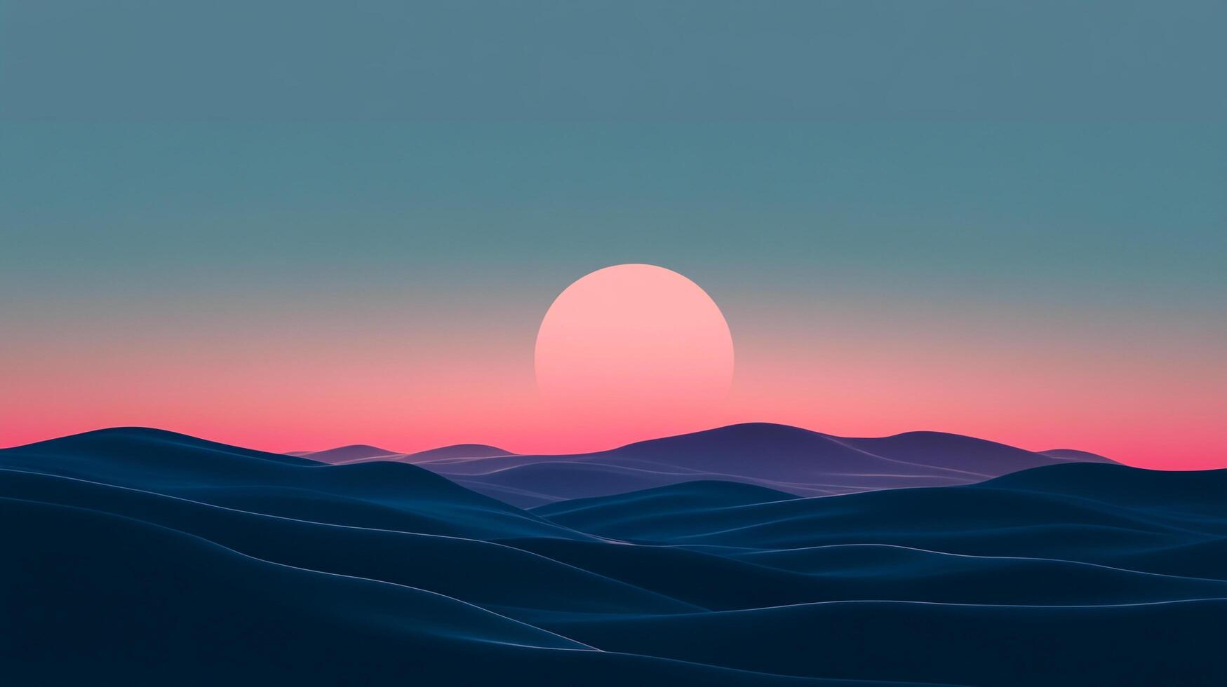Serene abstract landscape with stylized rolling hills under a gradient sky and a glowing sun, creating a tranquil, dreamlike vista. photo