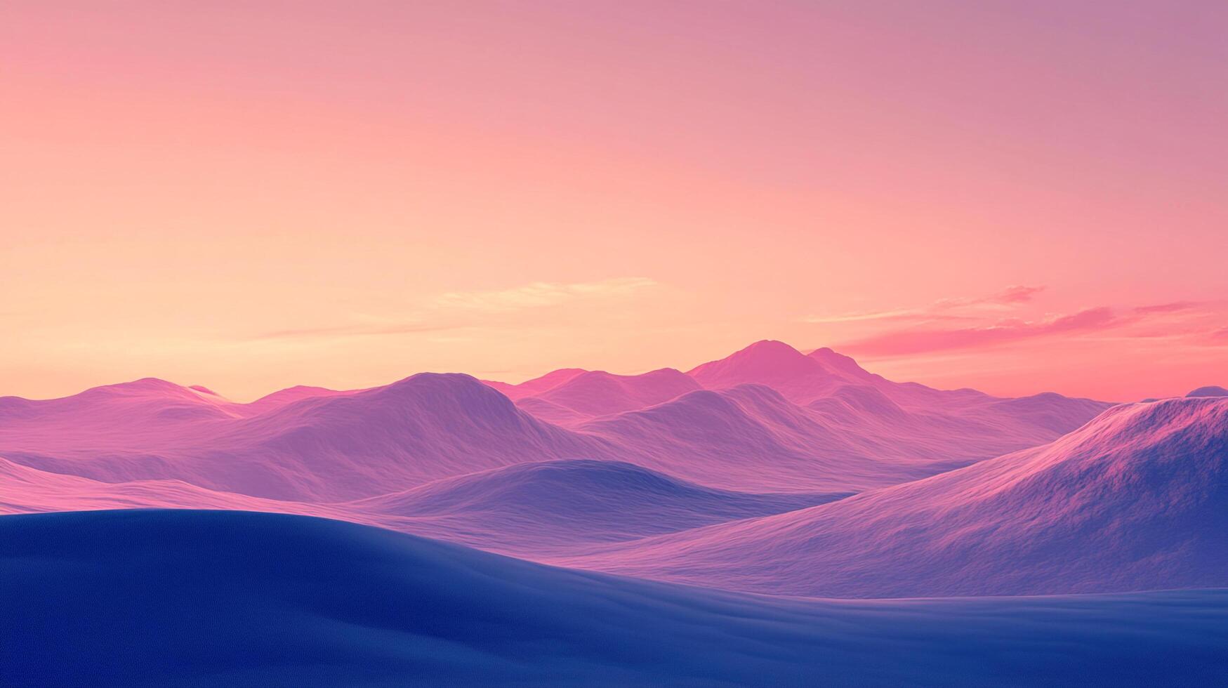 A dreamlike landscape unfolds with rolling mountains bathed in the soft hues of pink and blue during a serene sunrise or sunset. photo