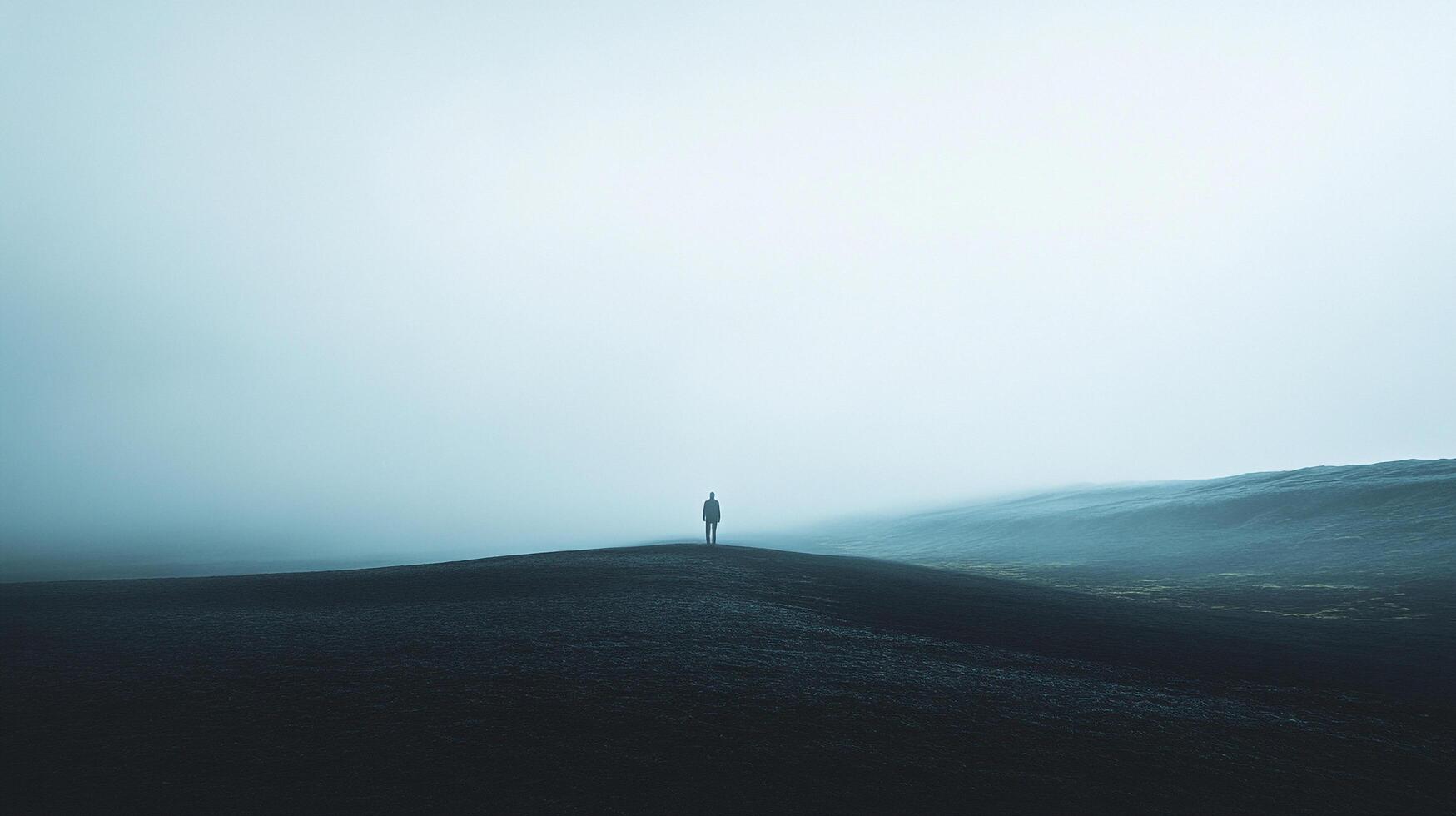 Solitary figure standing atop a dark, desolate hill enveloped in fog, evoking a sense of mystery and solitude in the monochromatic landscape. photo