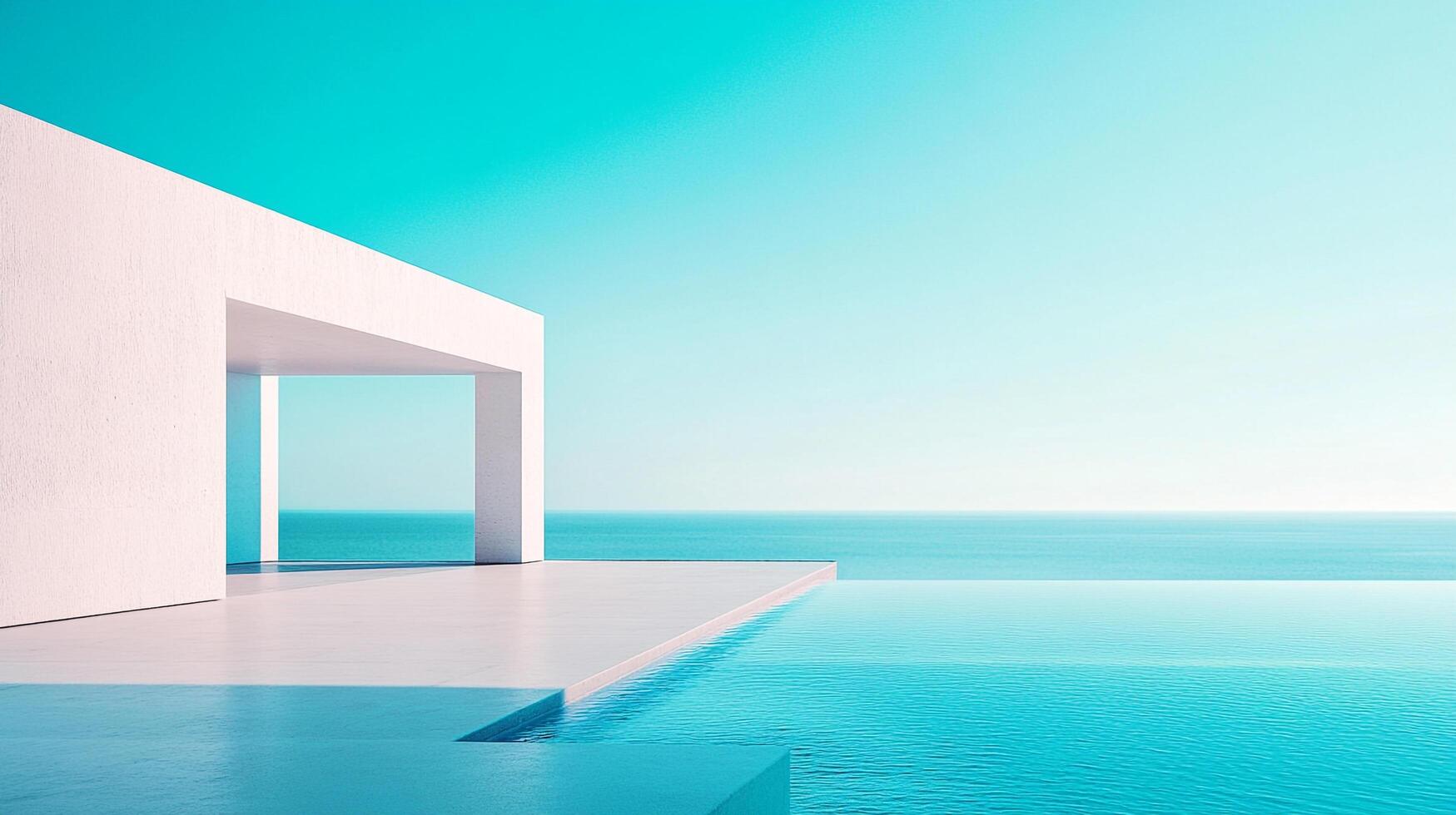 Serene coastal scene with modern white architecture merging with clear turquoise water and sky. Minimalist beauty by the ocean. photo