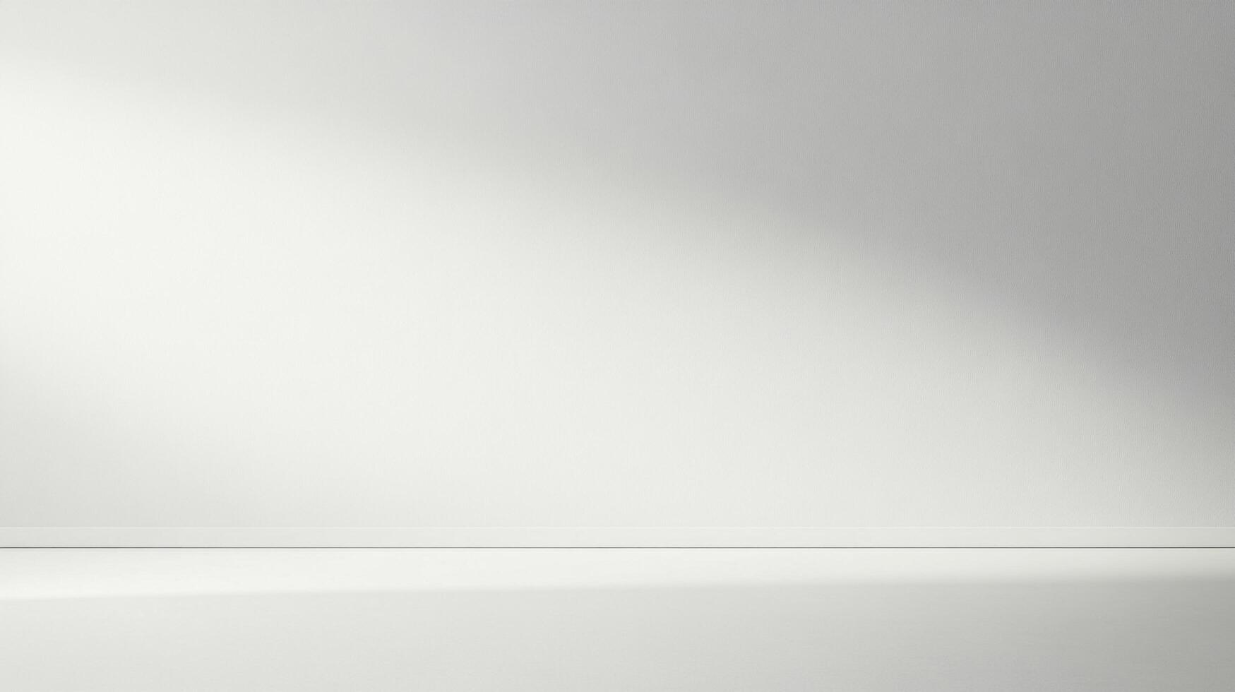 Minimalist, white, empty room with soft lighting creating shadows on the wall and floor. A serene and modern space with clean lines. photo