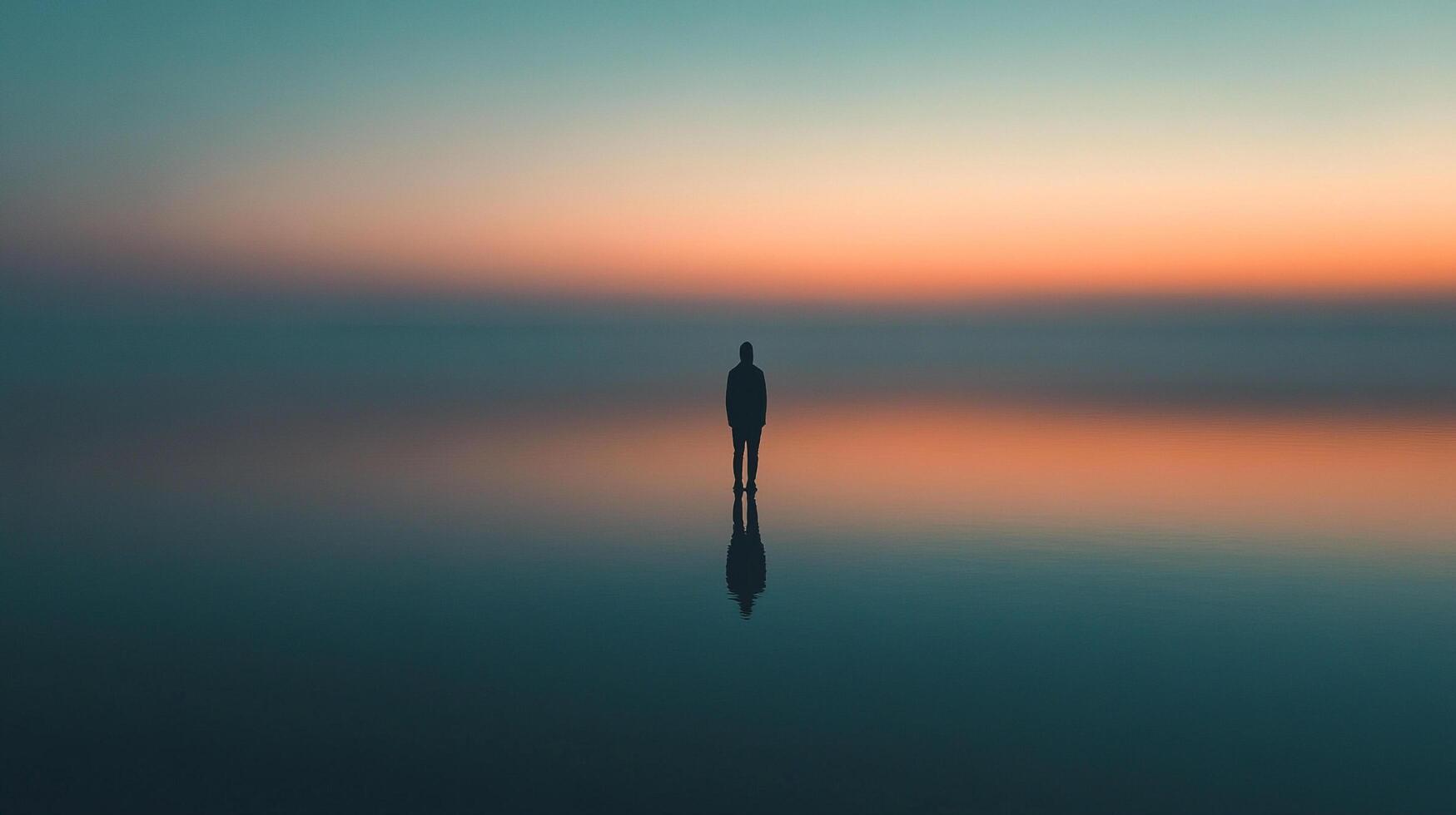 Solitary figure standing on reflective surface under a serene, gradient sky, evoking peace and introspection. Contemplative landscape. photo