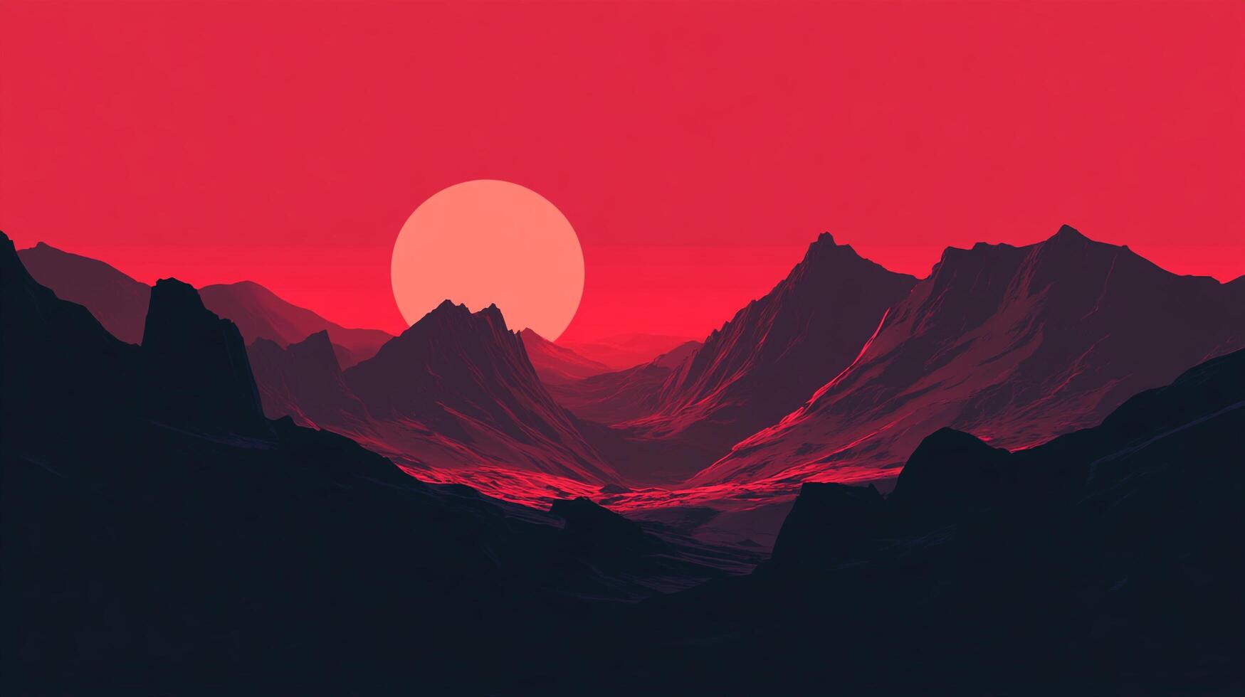 Crimson sunset over a mountain range casts long shadows. A stark, beautiful and dramatic contrast of light and shadow defines the landscape. photo