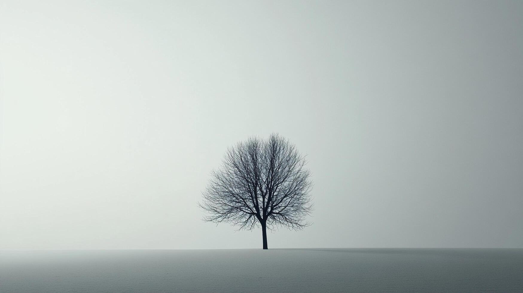 A stark, leafless tree stands alone in a desolate, gray landscape, conveying a sense of solitude and the quiet beauty of winter. photo