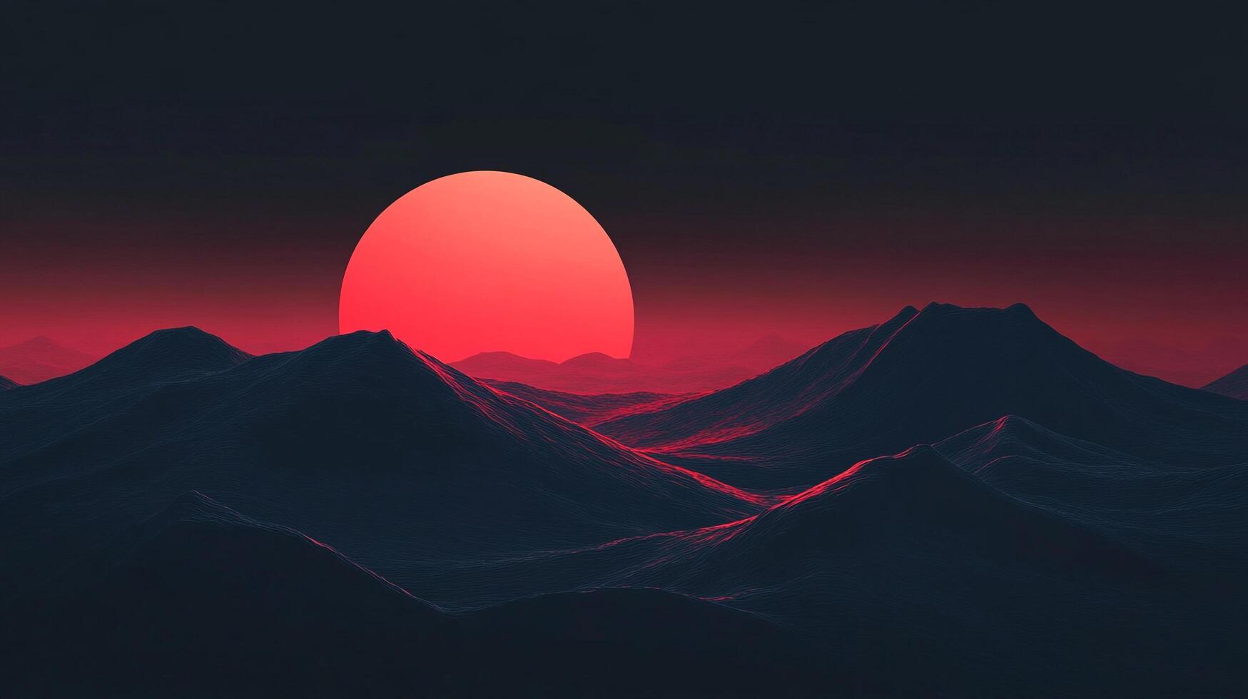 Dramatic mountain range silhouette beneath a large red sun, casting long shadows across the terrain. Minimalist and stark aesthetic. photo