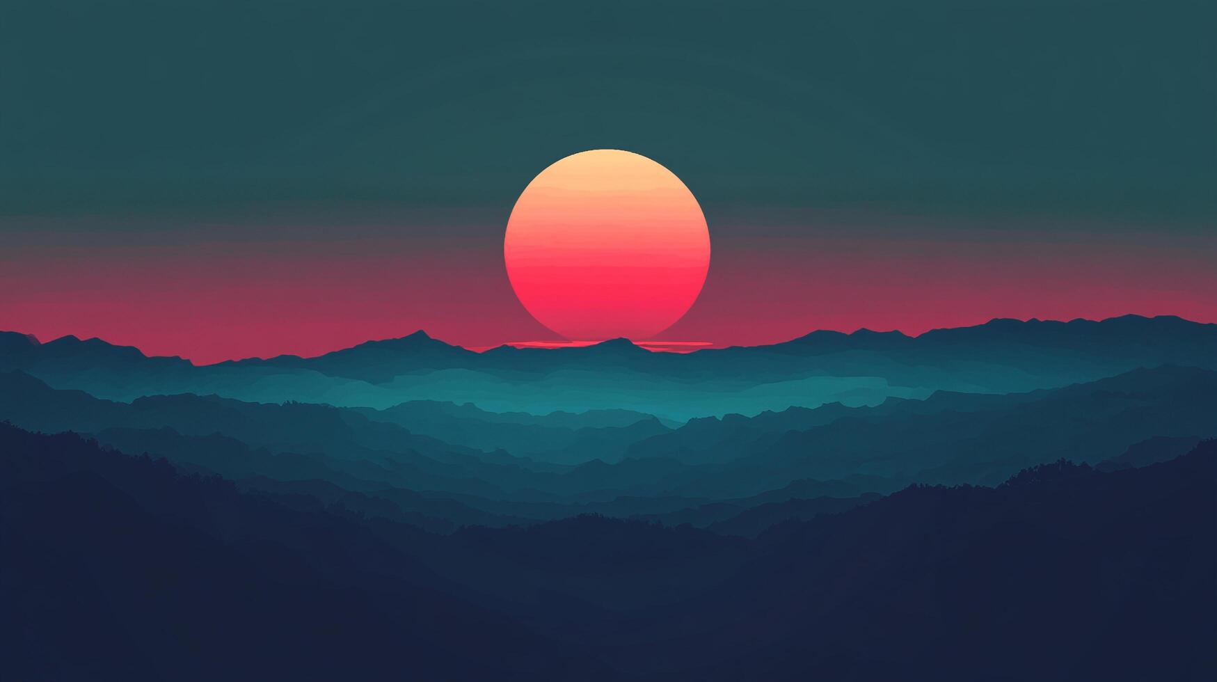 Vaporwave-inspired landscape illustration featuring a red-orange sunset and a mountain range, reminiscent of 80s computer graphics. photo