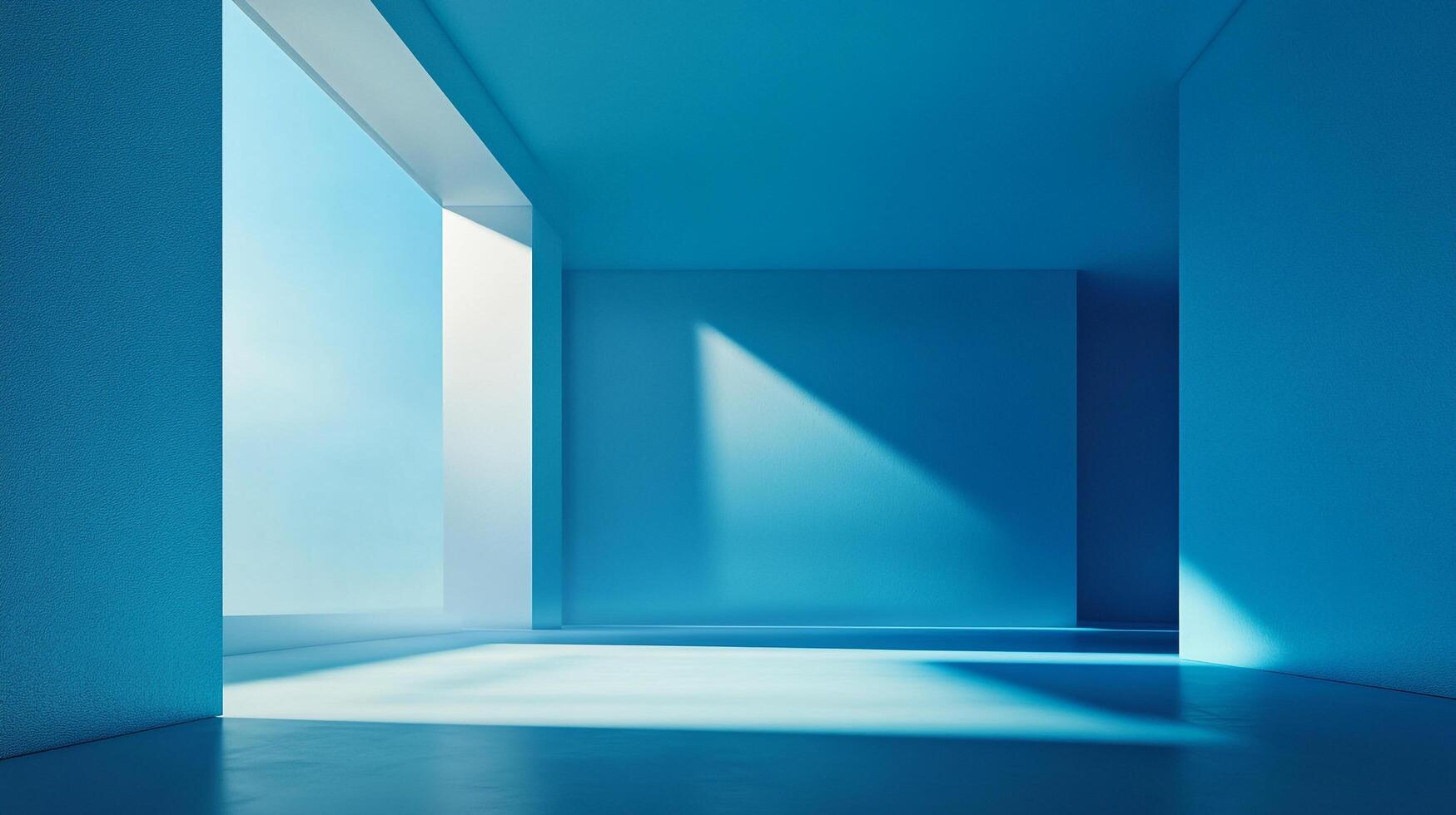 A minimalist interior space rendered in varying shades of blue, with natural light streaming through an opening. photo