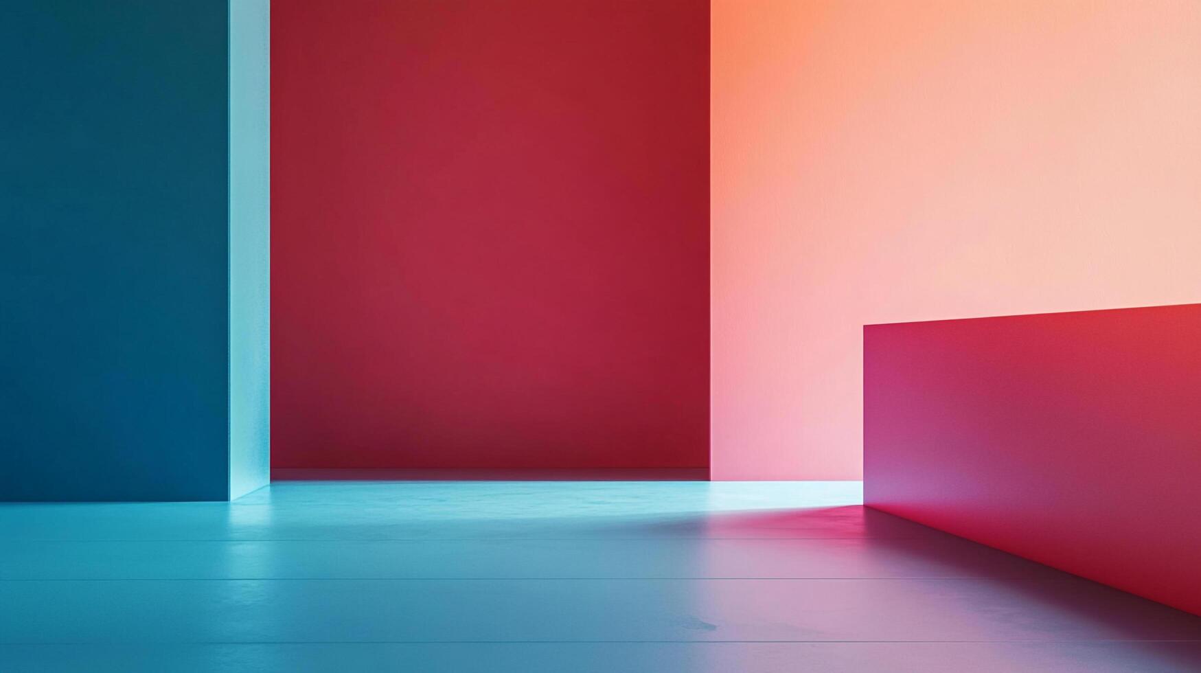 Abstract color blocking featuring blue, red, and peach walls with a glossy floor, creating a modern and minimalist composition. photo