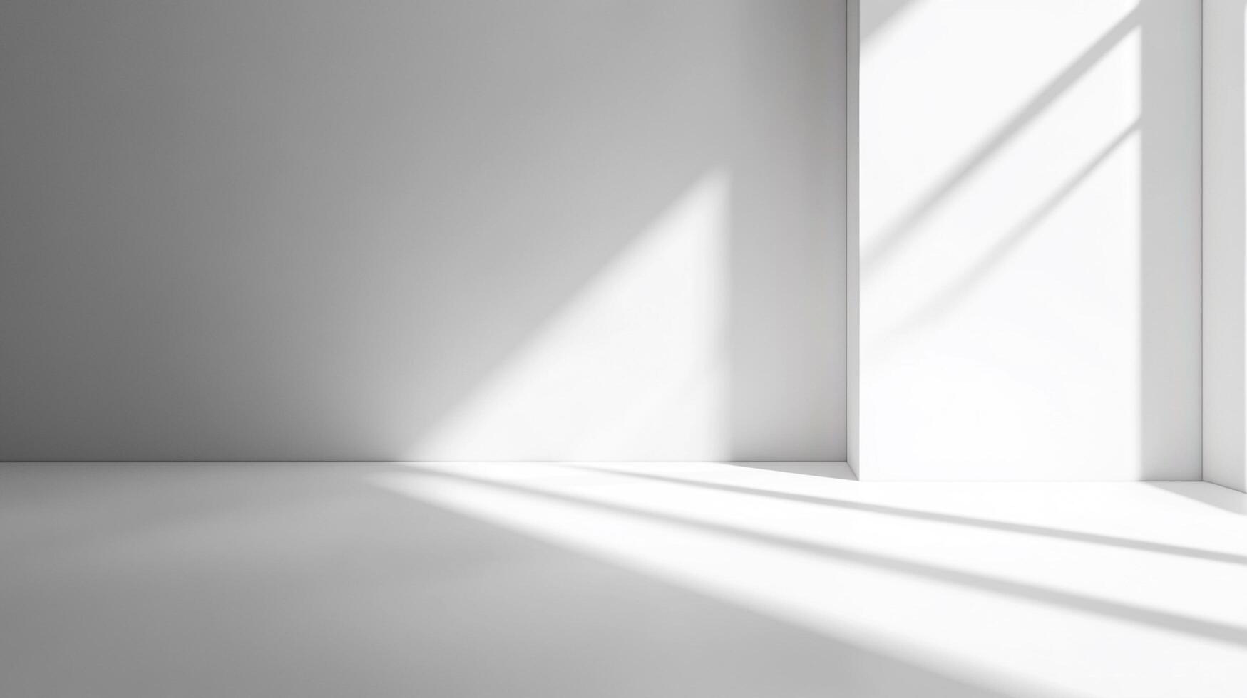 Sunlight through a window creates a dramatic display of shadows on a white wall in an empty room. Light and shadow interplay for abstract design. photo