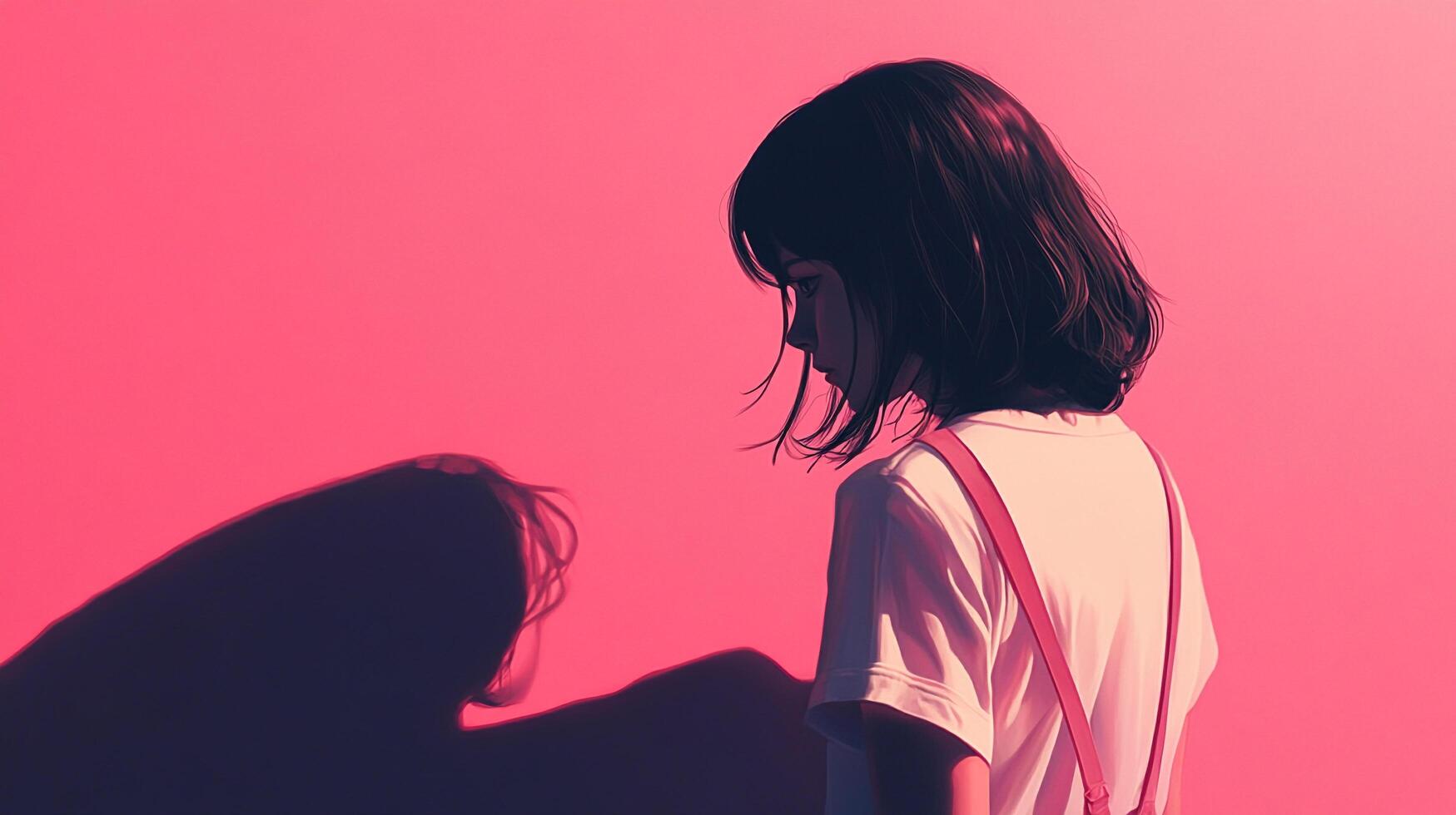 Contemplative girl casting shadow on a pink wall, immersed in introspective thought. A solitary figure in a vibrant yet melancholic scene. photo