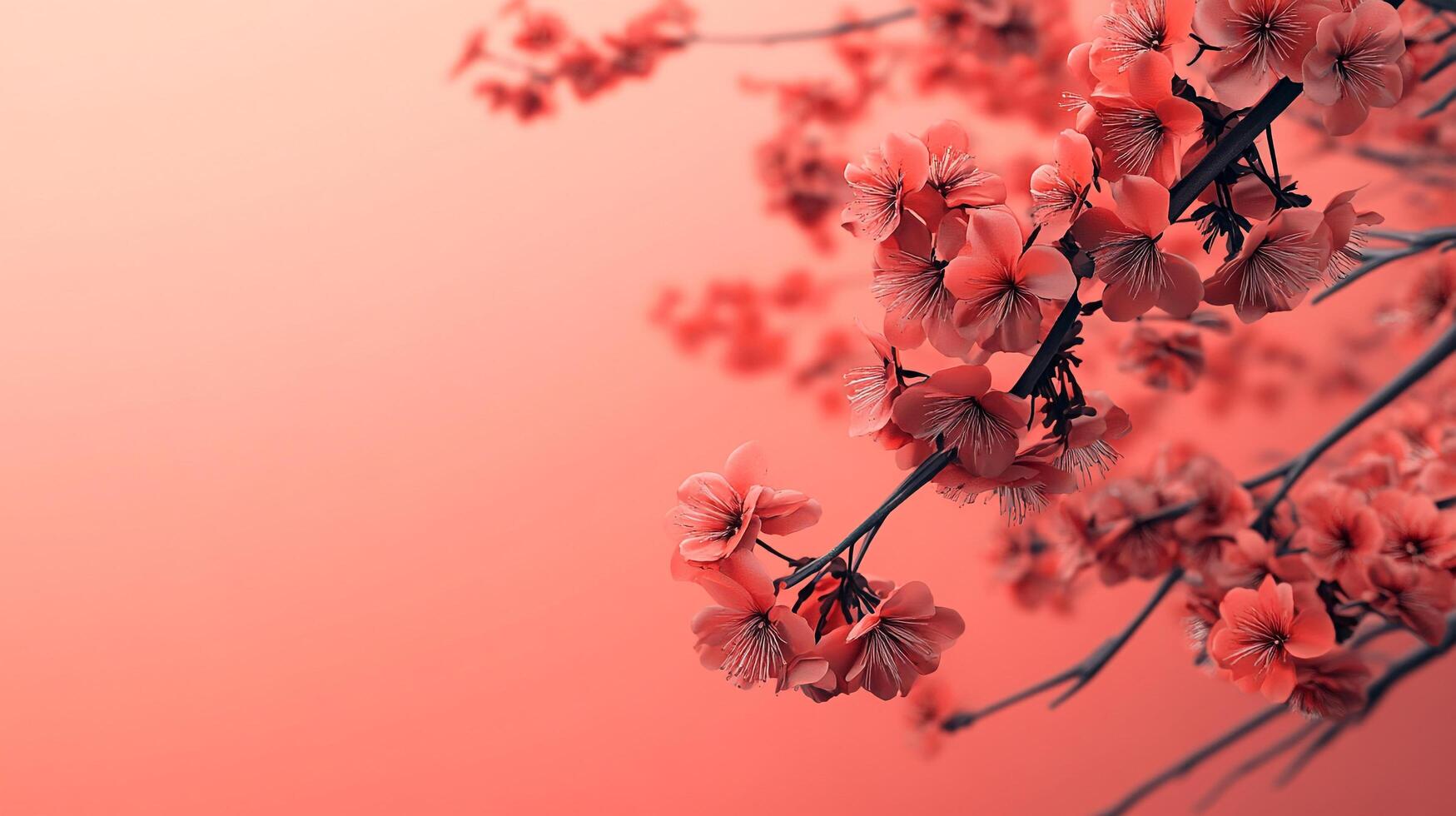 Coral blossoms adorn winding branches against a soft, gradient backdrop, evoking the tranquility of a spring afternoon in full bloom. photo