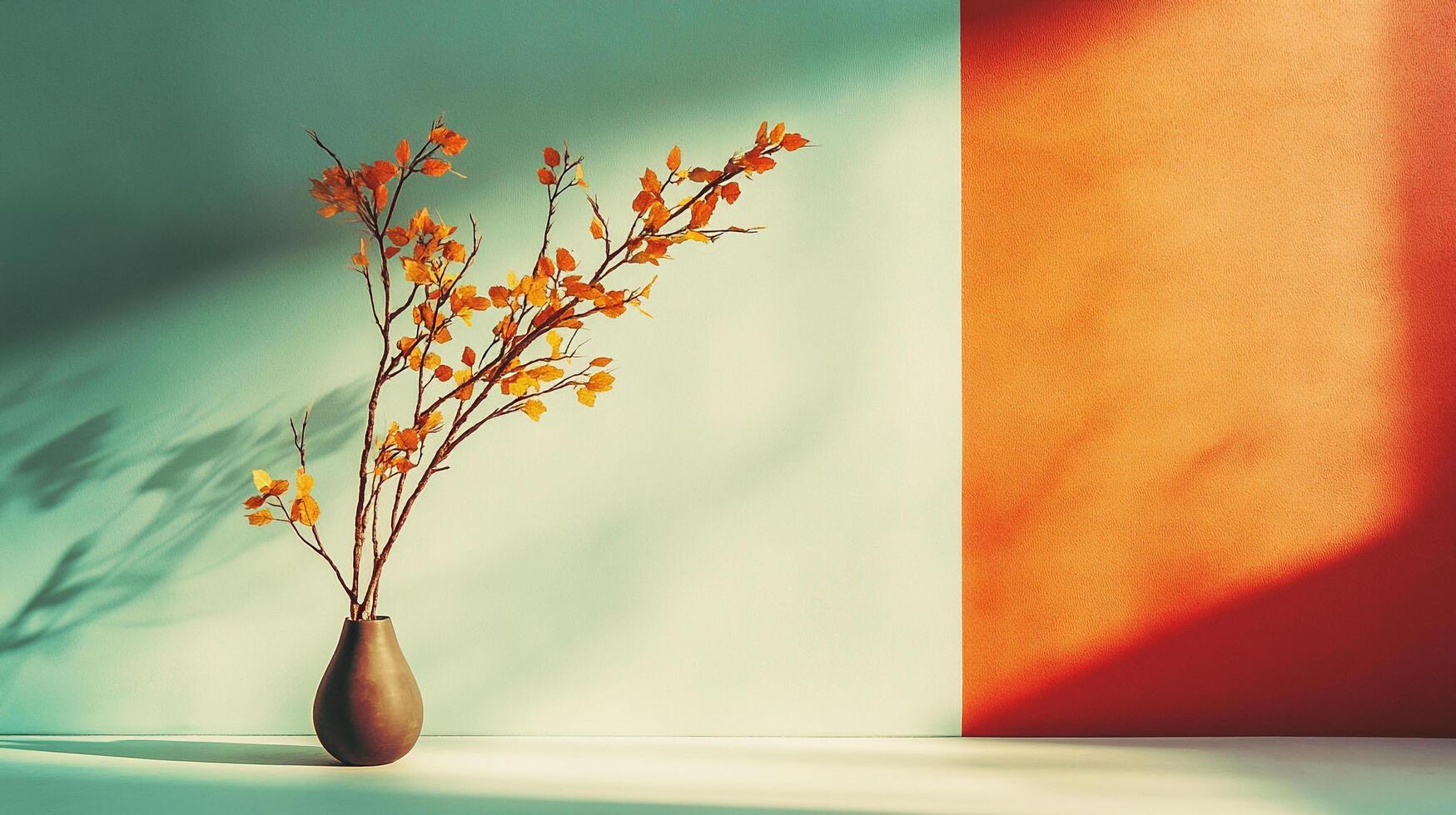 Still life photograph showcasing a vase with branches and leaves, set against a contrasting colorful backdrop, highlighting seasonal decor. photo