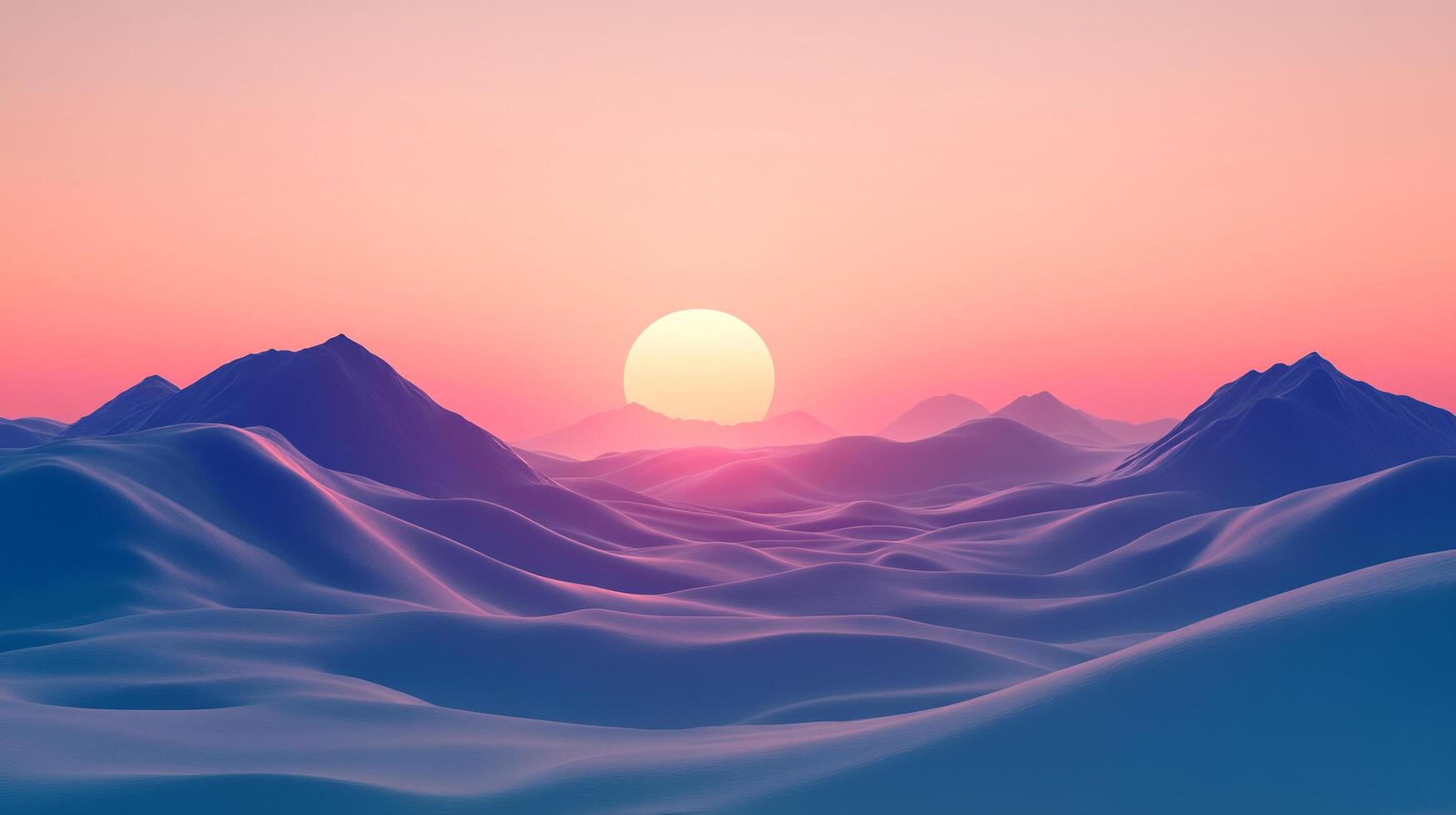 Abstract landscape featuring rolling dunes and distant mountains under a gradient sky with a soft, glowing sun setting or rising. photo