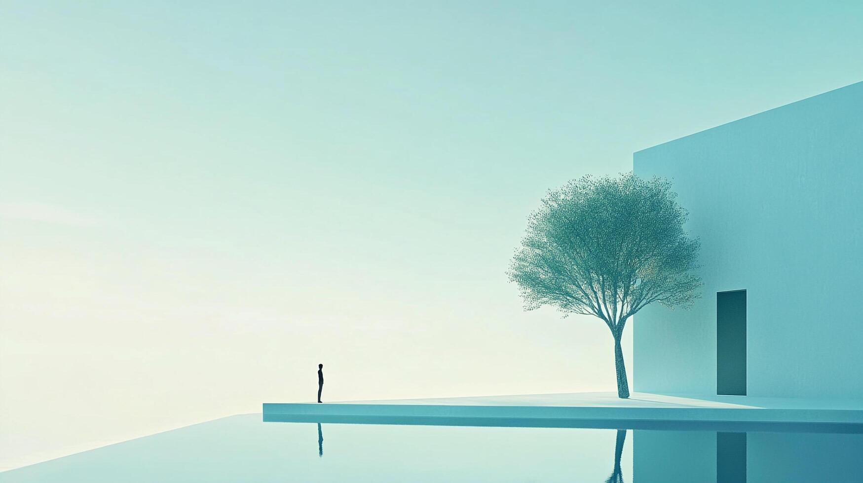 Solitary figure stands at water's edge near a tree, gazing into the serene blue distance, evoking feelings of contemplation and solitude. photo