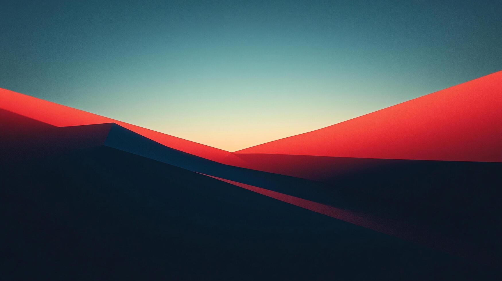 Abstract landscape of converging geometric shapes in red, blue, and cream under soft light. Striking contrast and modern design. photo