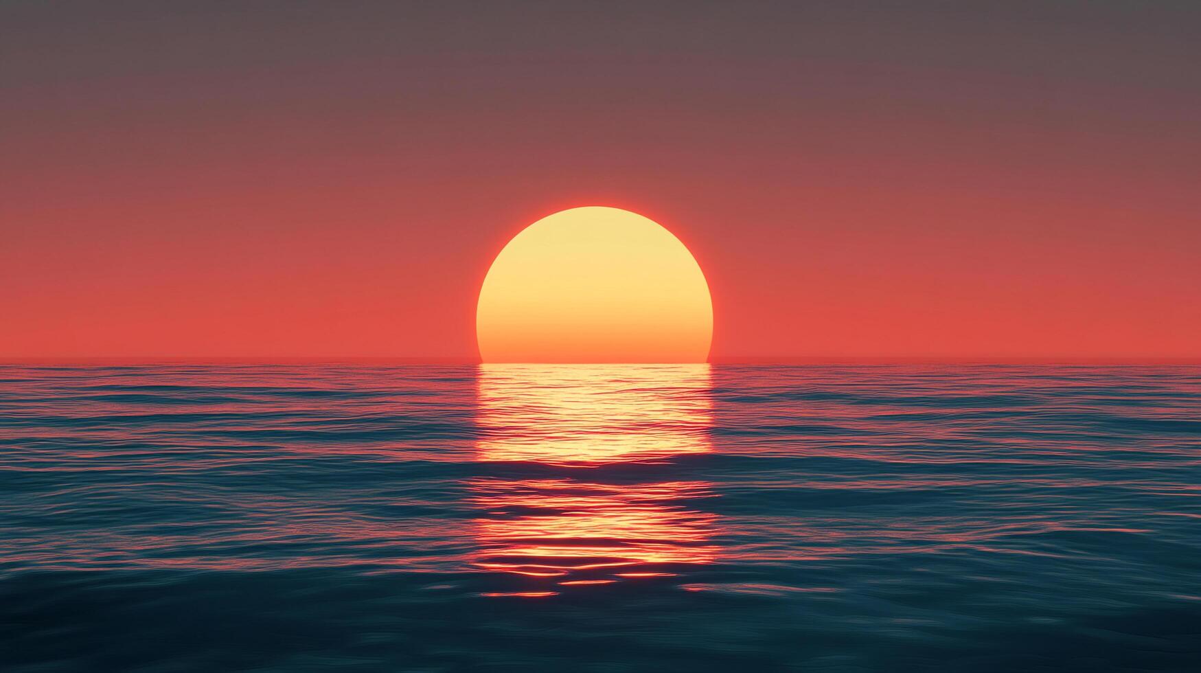 A serene sunset dips below the horizon of a calm ocean, casting a warm glow across the water and sky in shades of orange and blue. photo