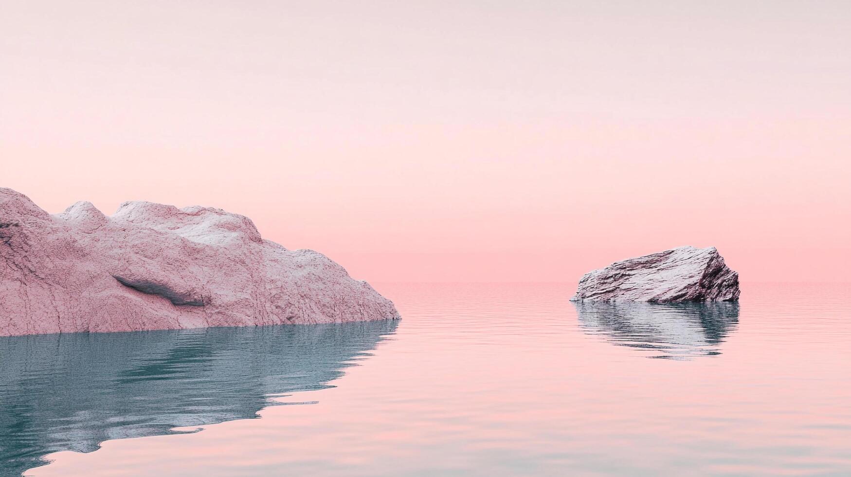 Serene seascape with rocky formations mirroring under a pastel pink sky, capturing quiet beauty and the interplay of textures and reflections. photo