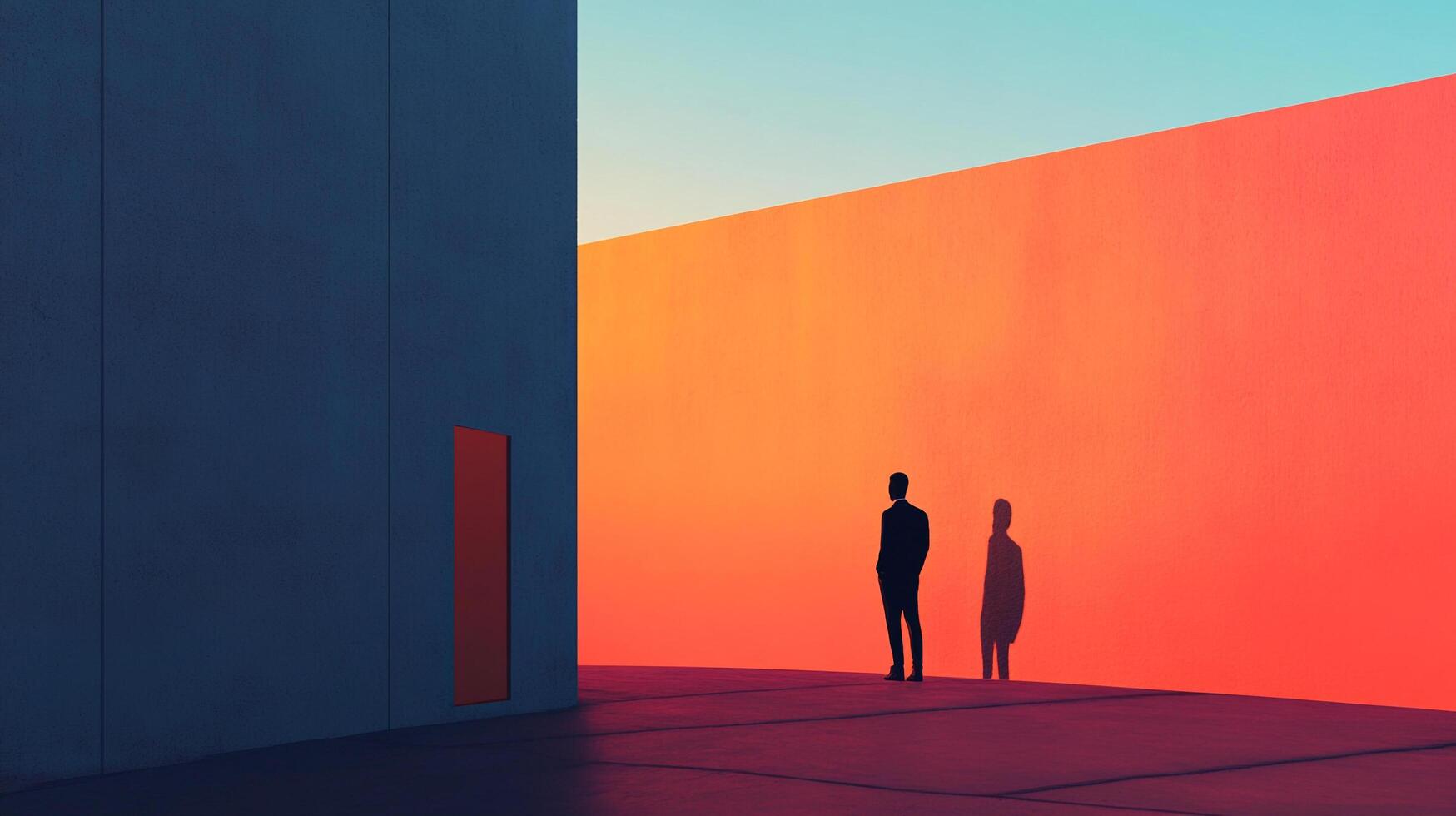 A solitary figure in a stylized urban landscape bathed in warm light, casting a long shadow against a vibrant orange wall. Minimalist scene. photo