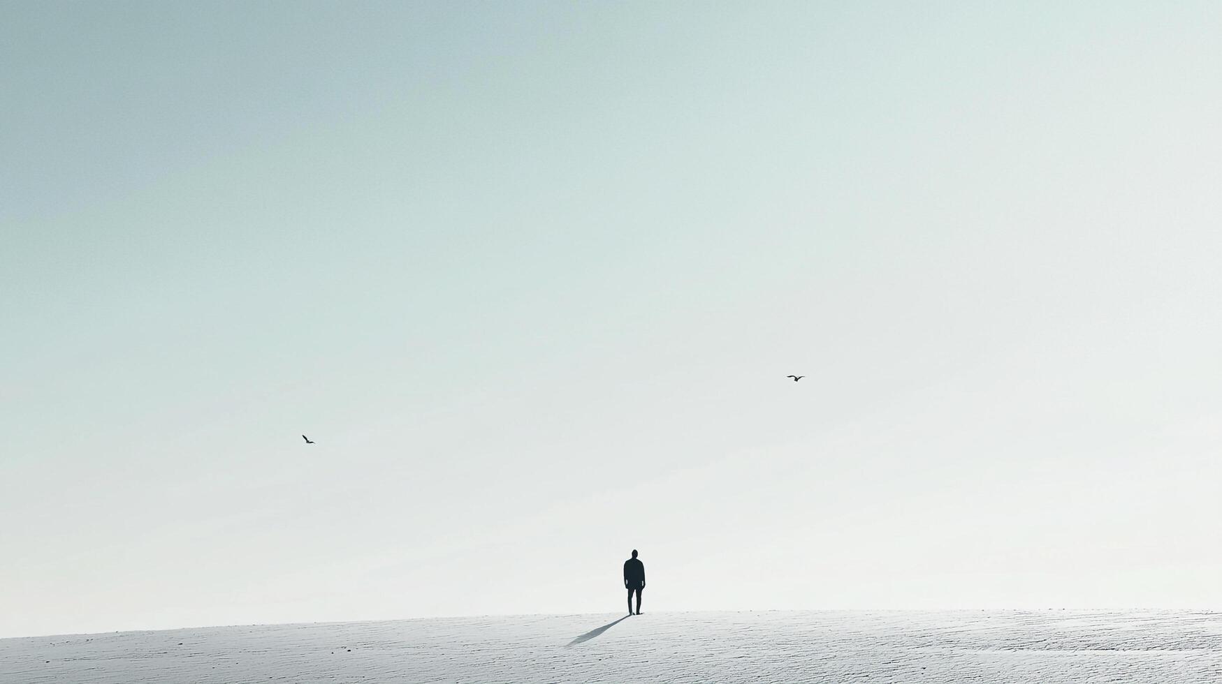 Solitary figure stands on an open plain under a vast sky, evoking a sense of loneliness, contemplation, and the search for purpose. photo