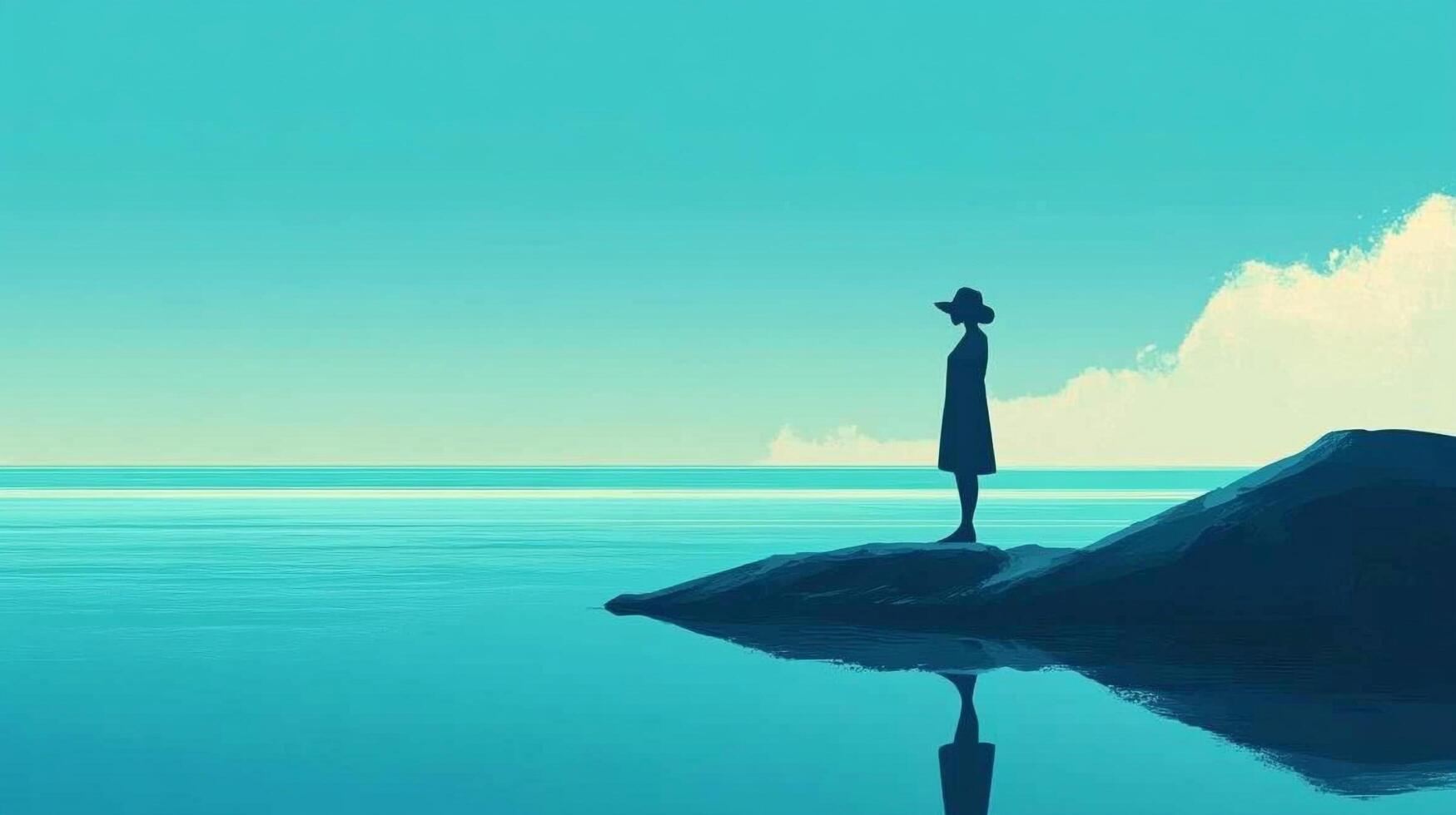 Woman with a hat looking at the sea. She is standing on a rock in a contemplative pose. The sky is light blue and the sea is turquoise. photo