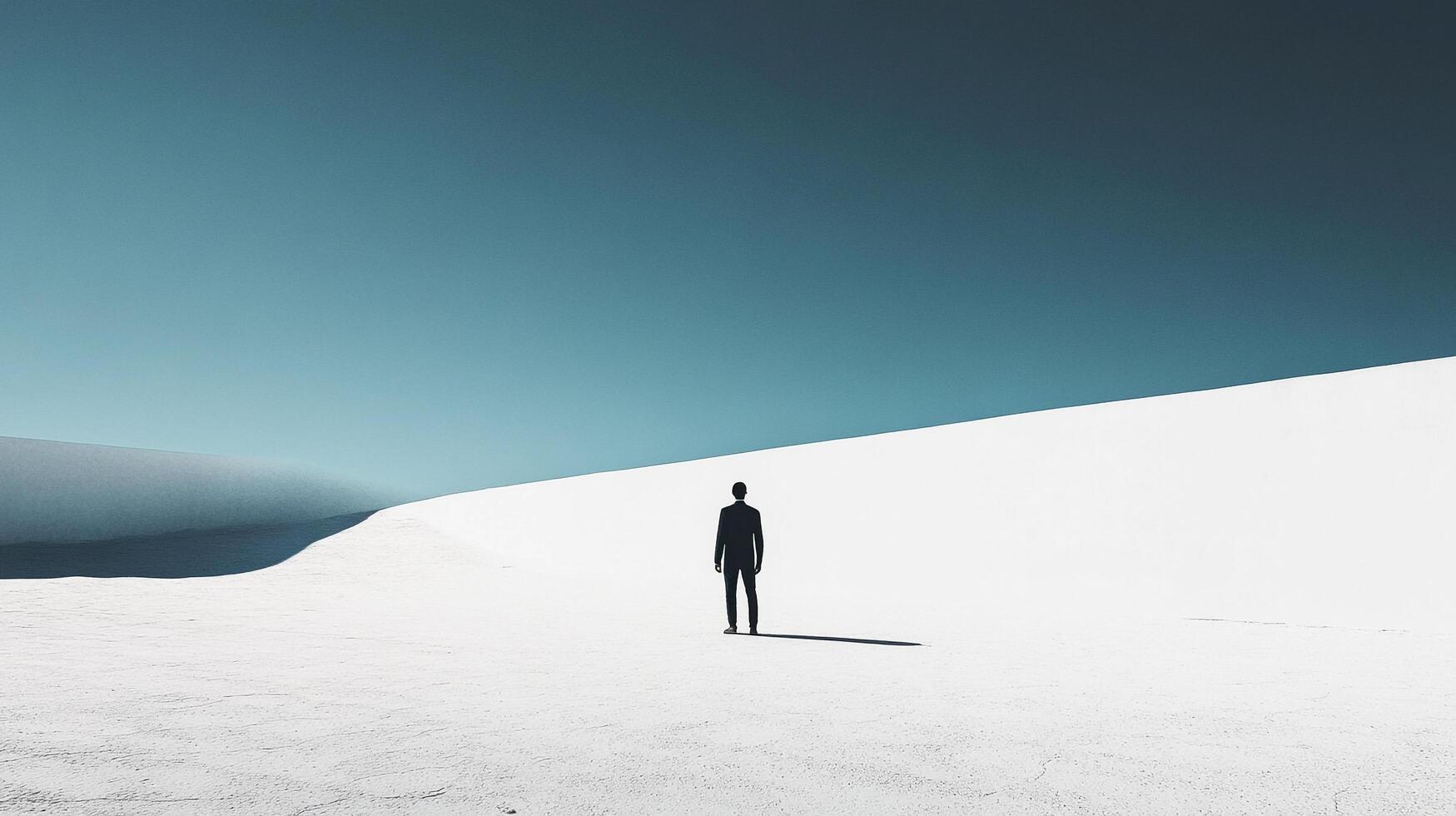 Solitary figure in stark landscape. A man stands on white sand under a clear blue sky, a study in minimalism and human presence. photo