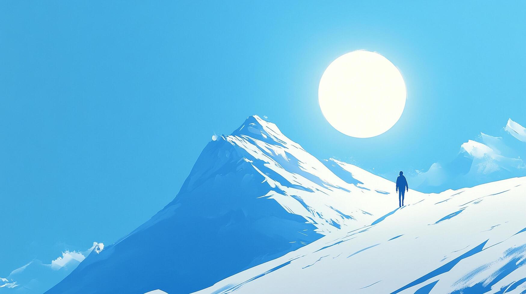 A lone figure hikes on a snow-covered mountain under a radiant sun, set against a stark blue sky. The illustration showcases winter adventure. photo