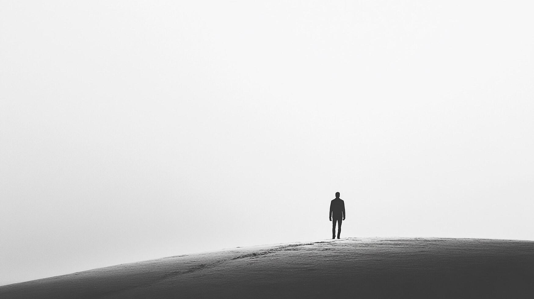 Silhouette of a person standing on a hilltop against a bright sky. The scene creates a sense of solitude and reflection. photo