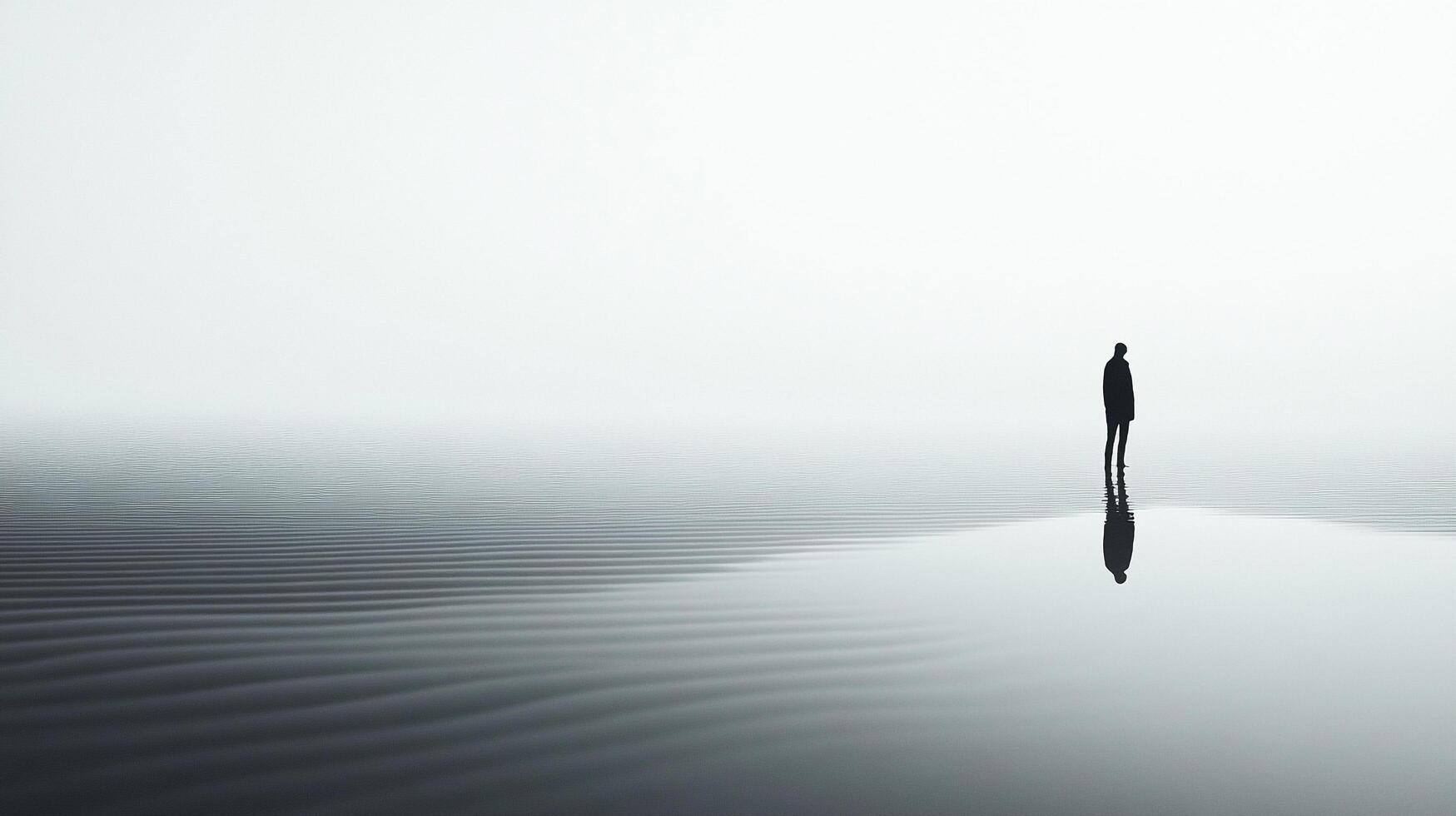Solitary figure stands at the edge of a misty expanse, reflected in the still water, evoking a sense of contemplation and minimalism. photo