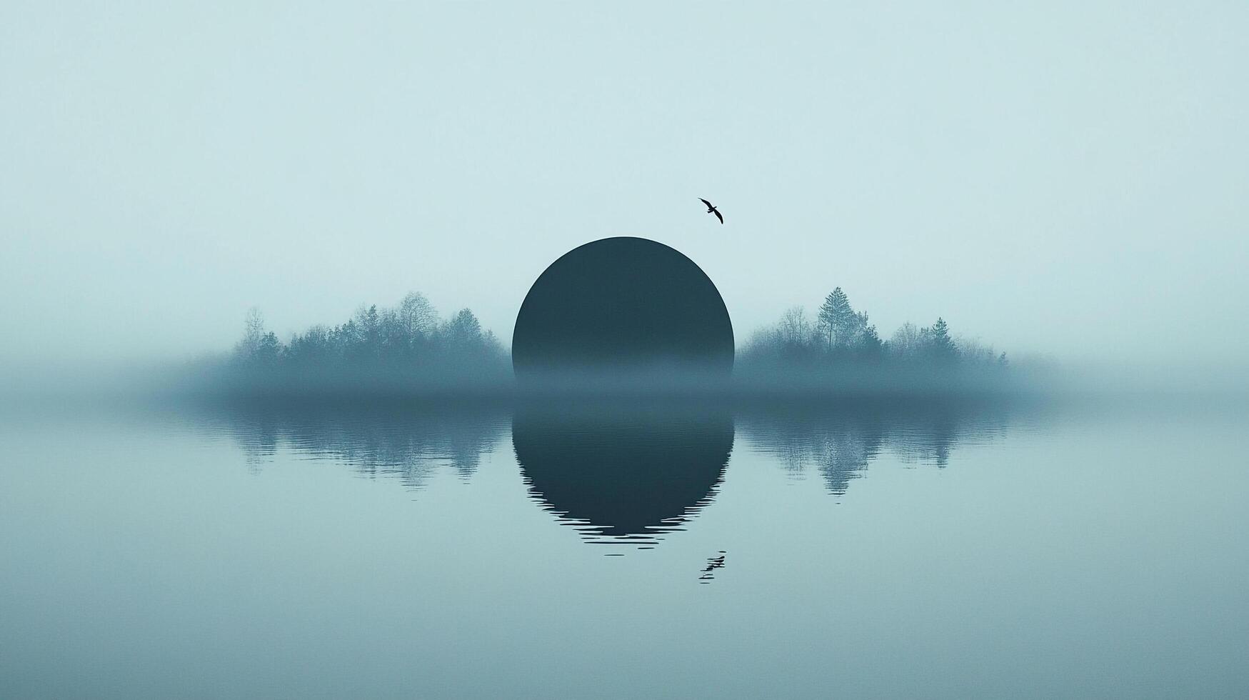 Serene scene of a lake reflecting a misty landscape with a large circular silhouette and a solitary bird in flight. photo
