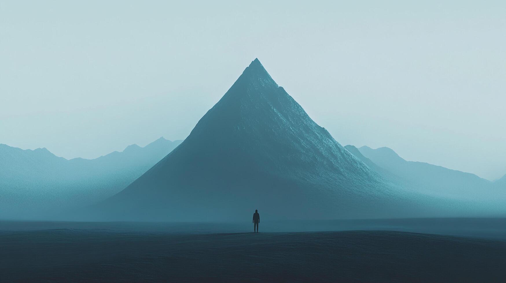 Lone figure stands before a massive mountain under a muted, hazy sky, evoking feelings of solitude, insignificance, and the power of nature. photo