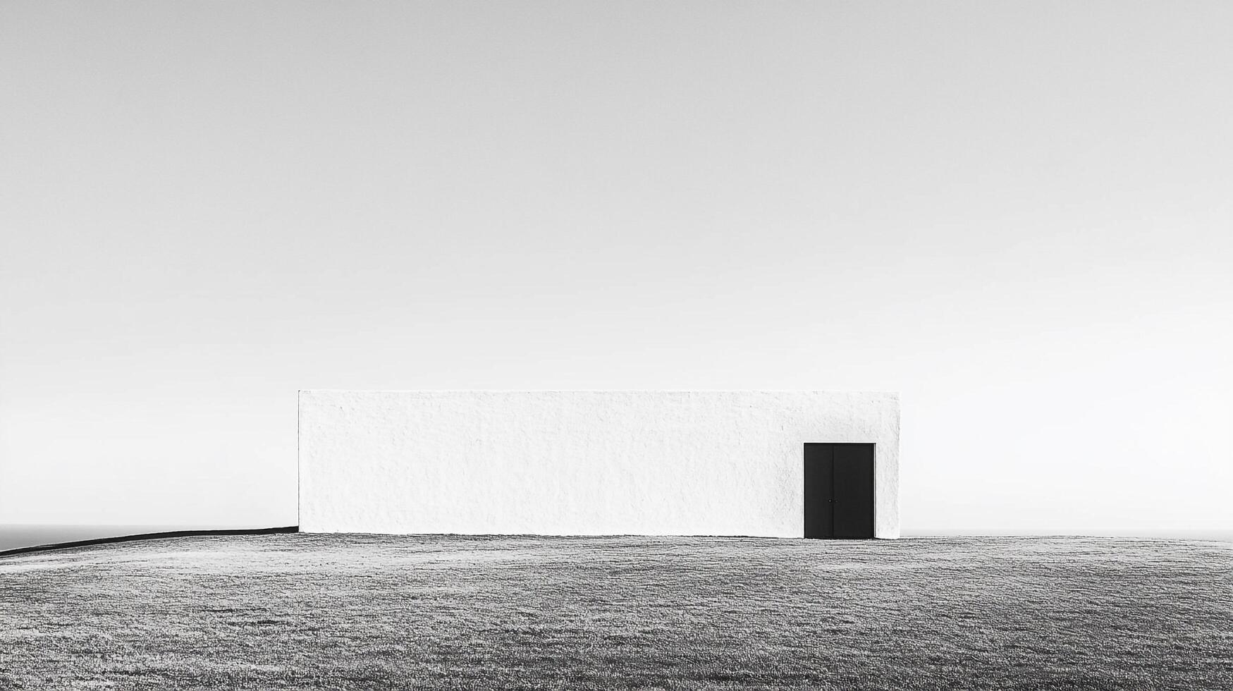 Minimalist architecture on a grassy field, a stark white building with a dark door against a clear sky. Simplicity in design. photo