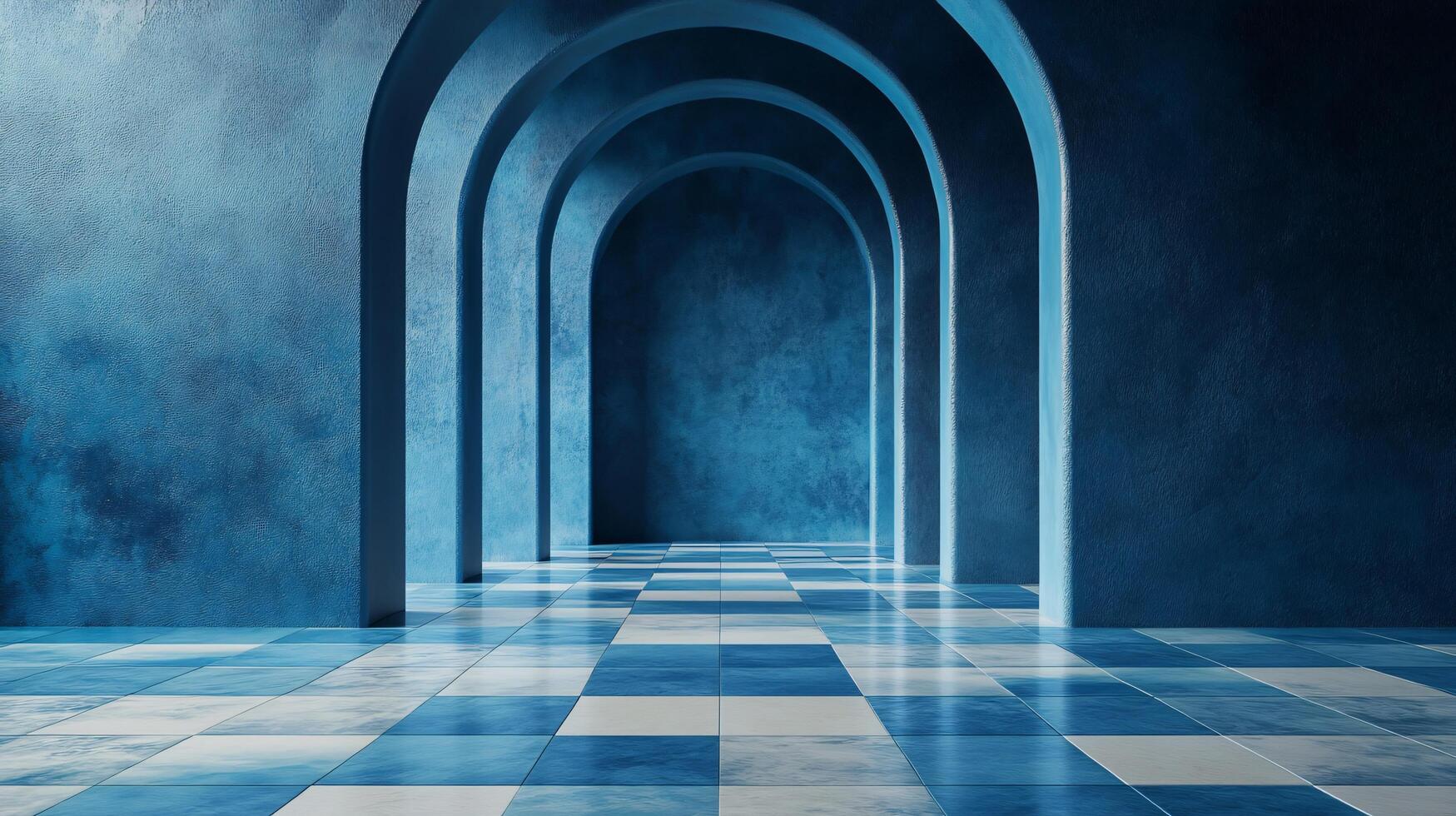 A mesmerizing blue hallway with arches creates a sense of depth and mystery. The checkered floor adds a unique touch to the scene. photo