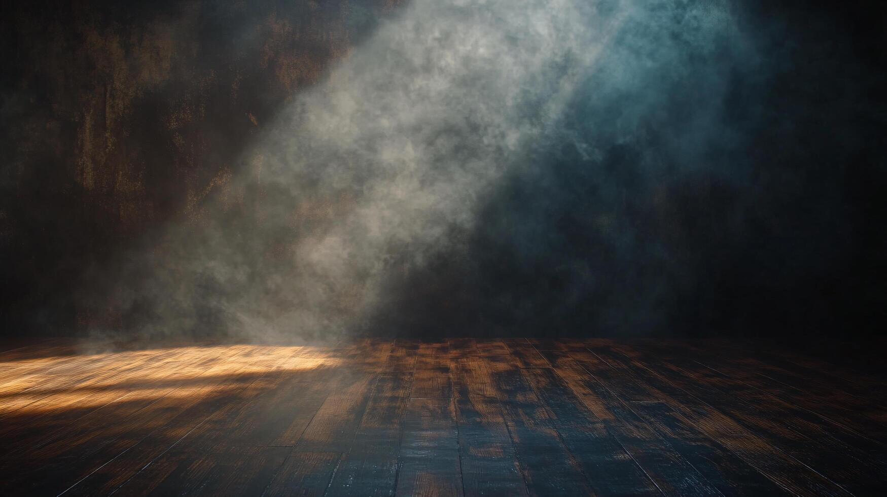 Dramatic smoky interior featuring spotlight on rustic wood floor against textured backdrop, creating a moody and atmospheric scene. photo