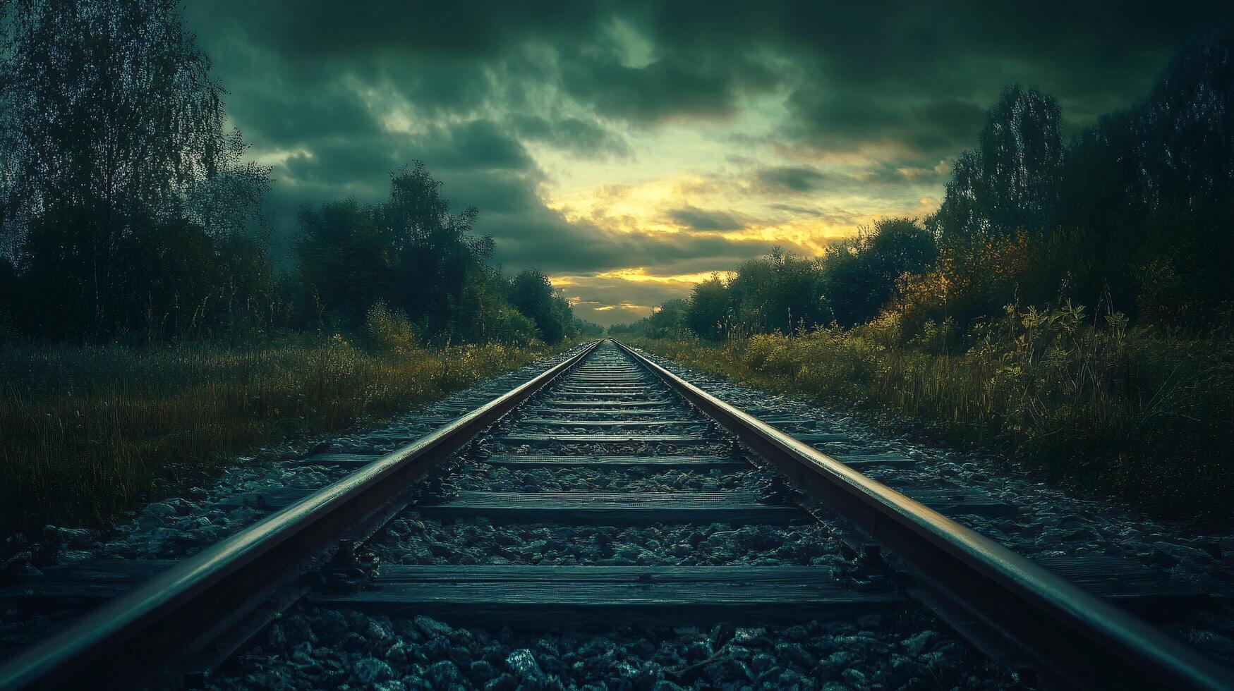 Train tracks stretch into the distance, under a dramatic sky, evoking feelings of journey and solitude. Beautiful natural scenery. photo