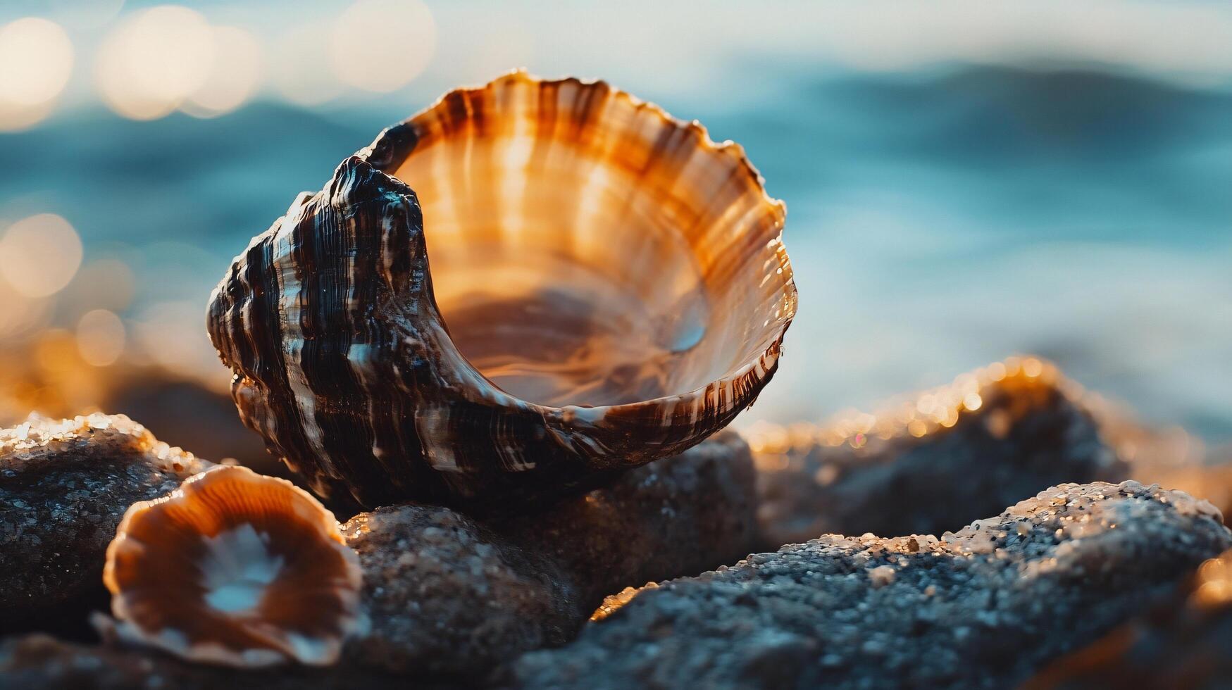 Seashell on a rock along the ocean shore at sunset. The sun glows on the ridges of the shell, illuminating the beach. photo