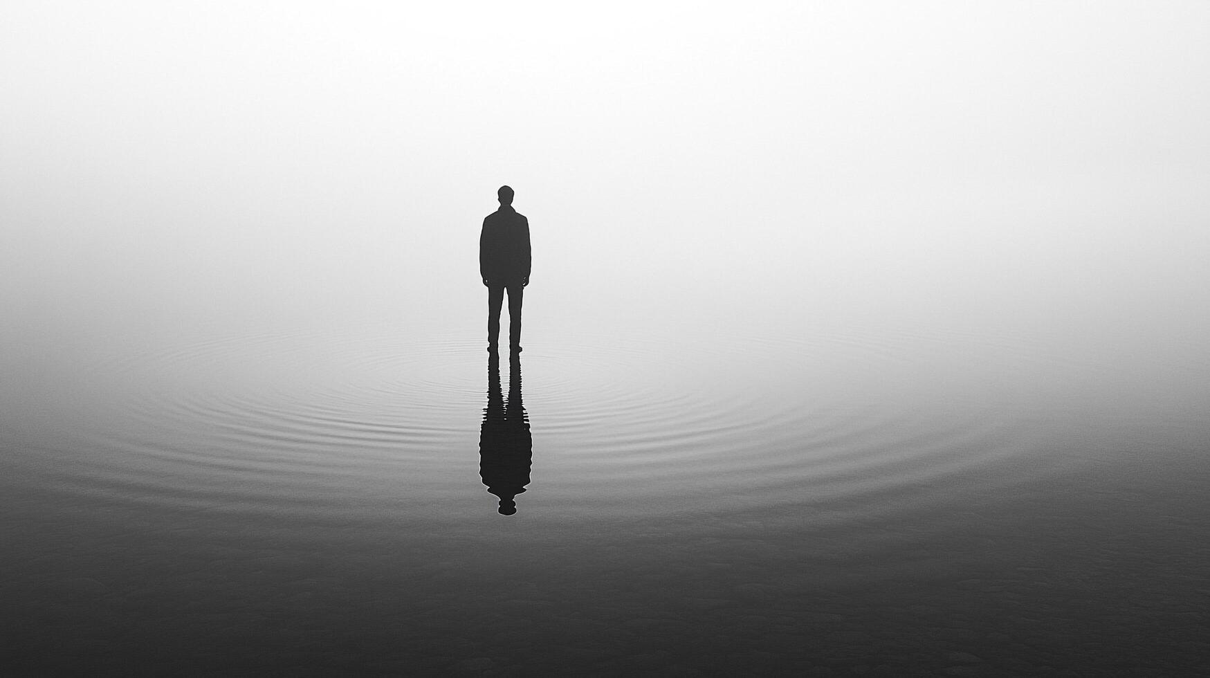 Solitary figure standing in still water, surrounded by fog, creating a serene and introspective monochrome scene. photo