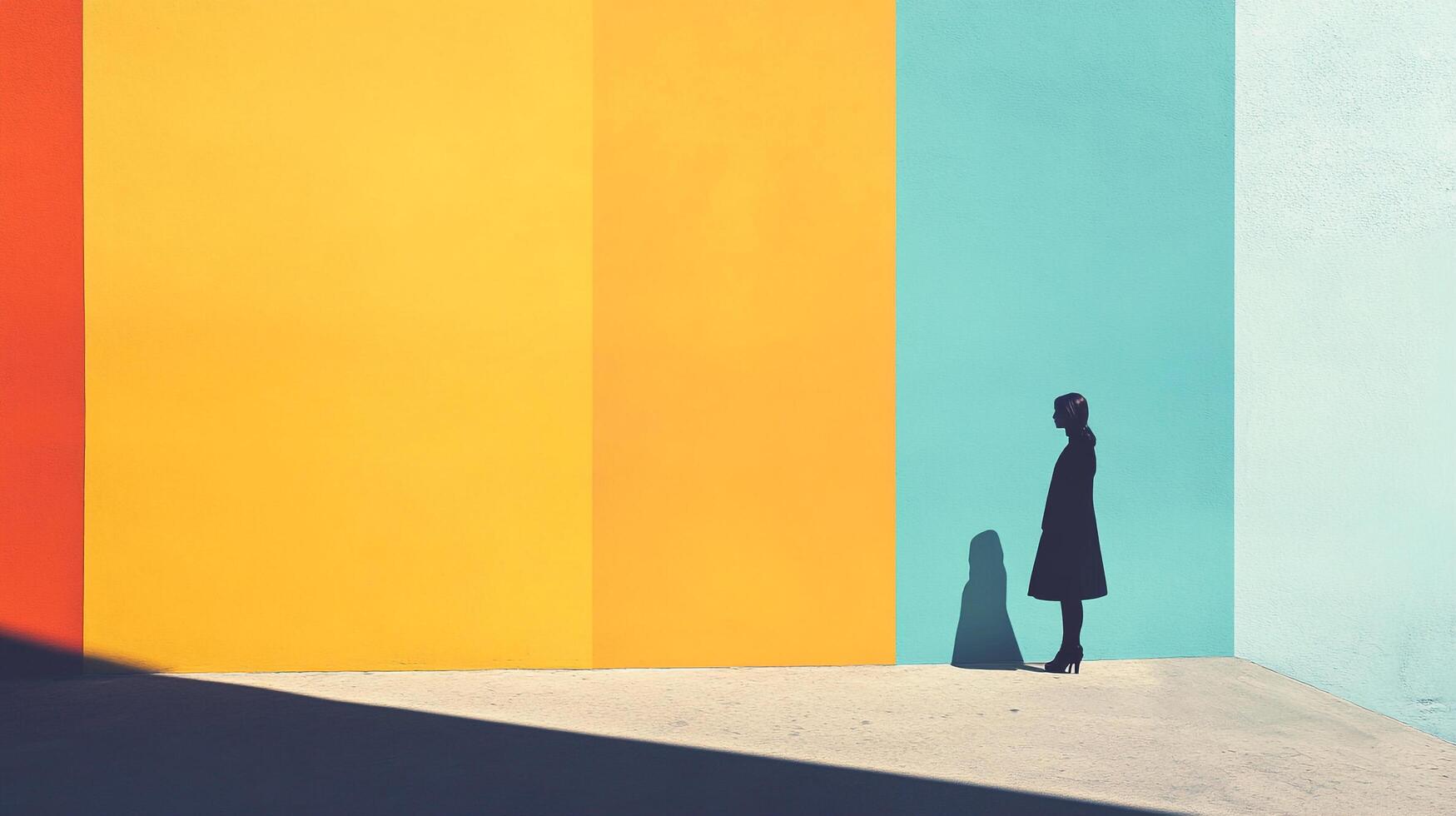 Solitary figure stands near a wall of orange, yellow and blue, in sunlight casting shadows and contrasting bold color and minimalist design. photo