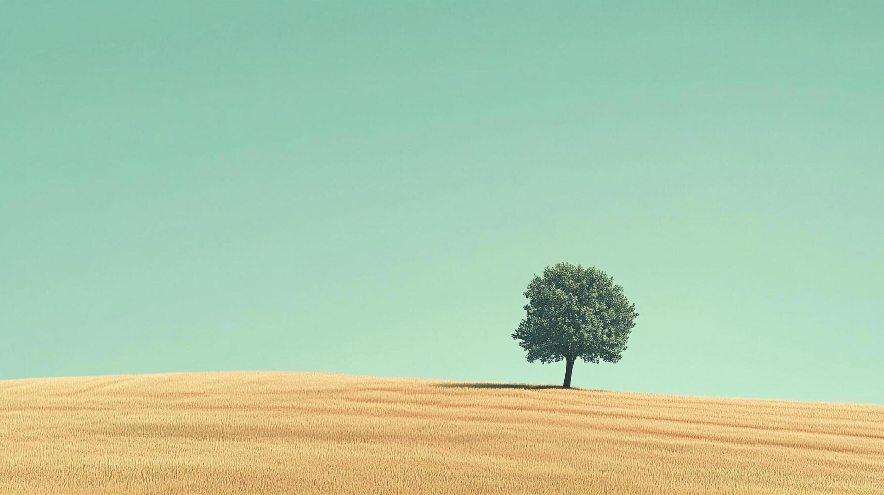Lonely tree on a golden field underneath a pale green sky, evokes tranquility and space, ideal for contemplation or dreaming. photo