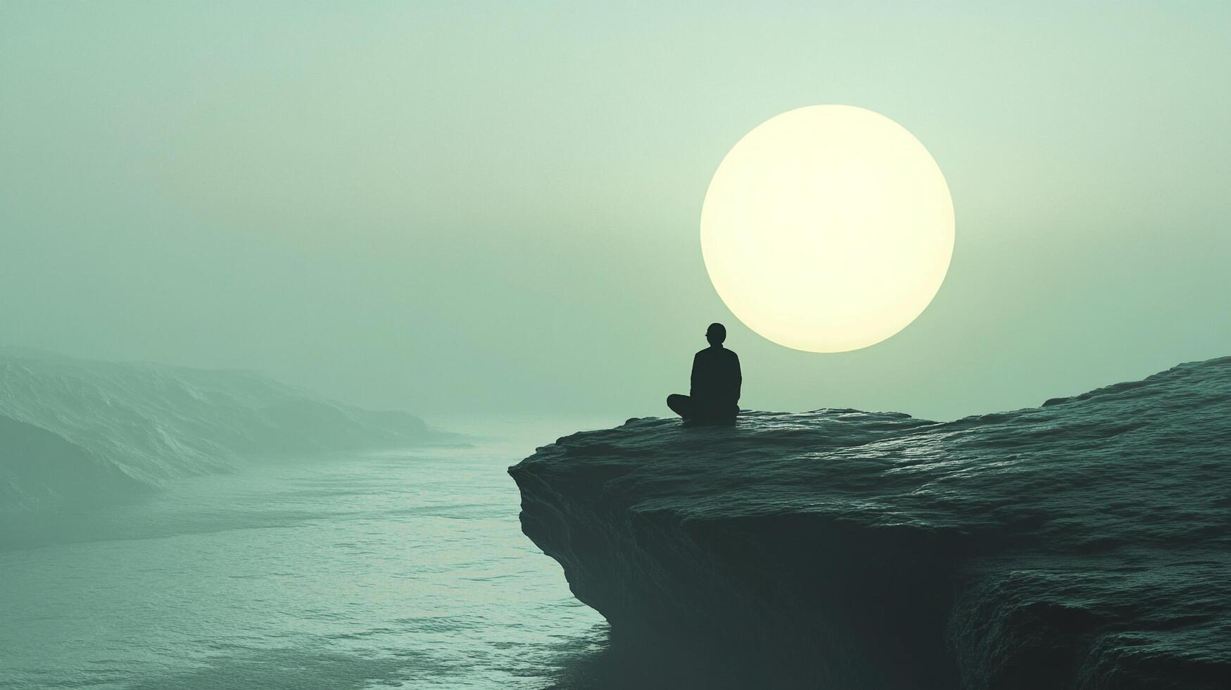 Silhouette sits on a cliff edge overlooking misty waters. A large, pale sun glows behind them, creating a serene, meditative scene. photo